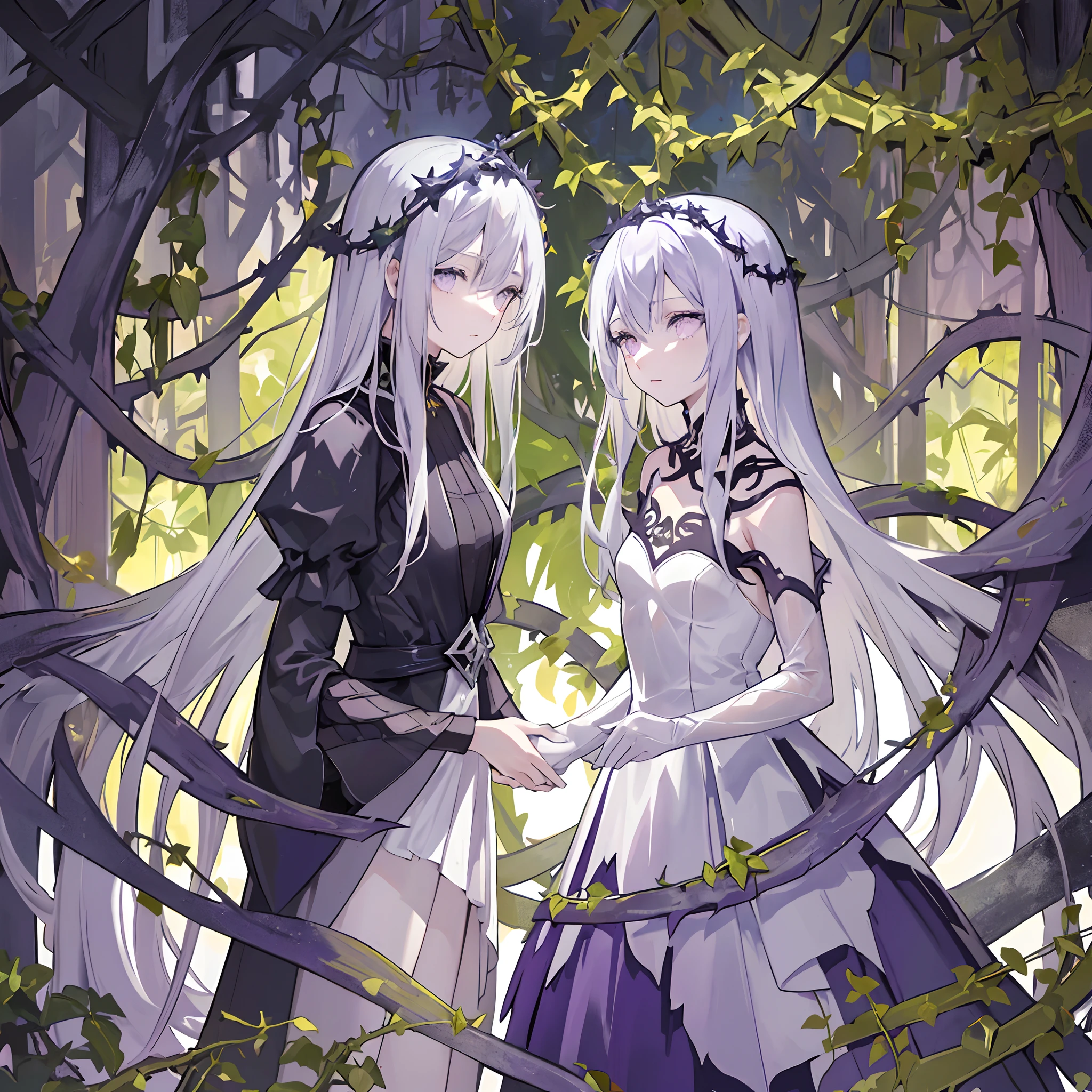 ((masterpiece:1.4, best quality))+, (ultra detailed)+,(ultra detailed eyes)+,
(cute 1girl),,(violet eyes:1.15),silver hair, very long hair,(wariza:1.2),pale skin,closed mouth,sad,
(She is dressed in a gown made of intertwining vines:1.5),(flat chest:1.2),(vines dress:1.4),(dress made of vines:1.2),(surrounded by vines:1.4),
(despair:1.3),gothic,
(dark yellow vines:1.3),leaves,(vines tree:1.1),
(dawn light:1.2),violet,
(heavy Monochrome:1.16),(depth of field:1.4),
