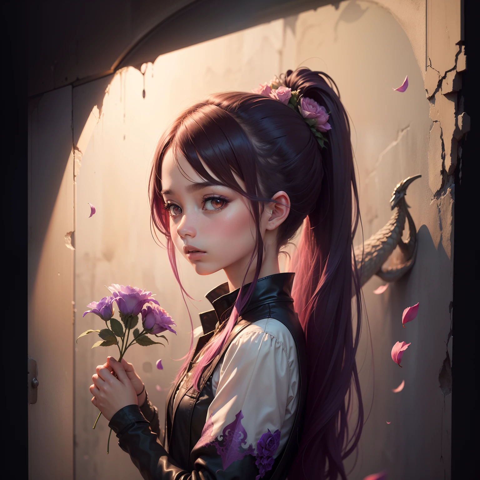 ((Masterpiece, Best Quality)), (Negative Space: 1.2), (1 Girl, Solo: 1.4), Petals, Pink Eyes, Dragon Girl, Long, Purple Hair, High Ponytail, Liquid Hair, Flowers, Dragon Background