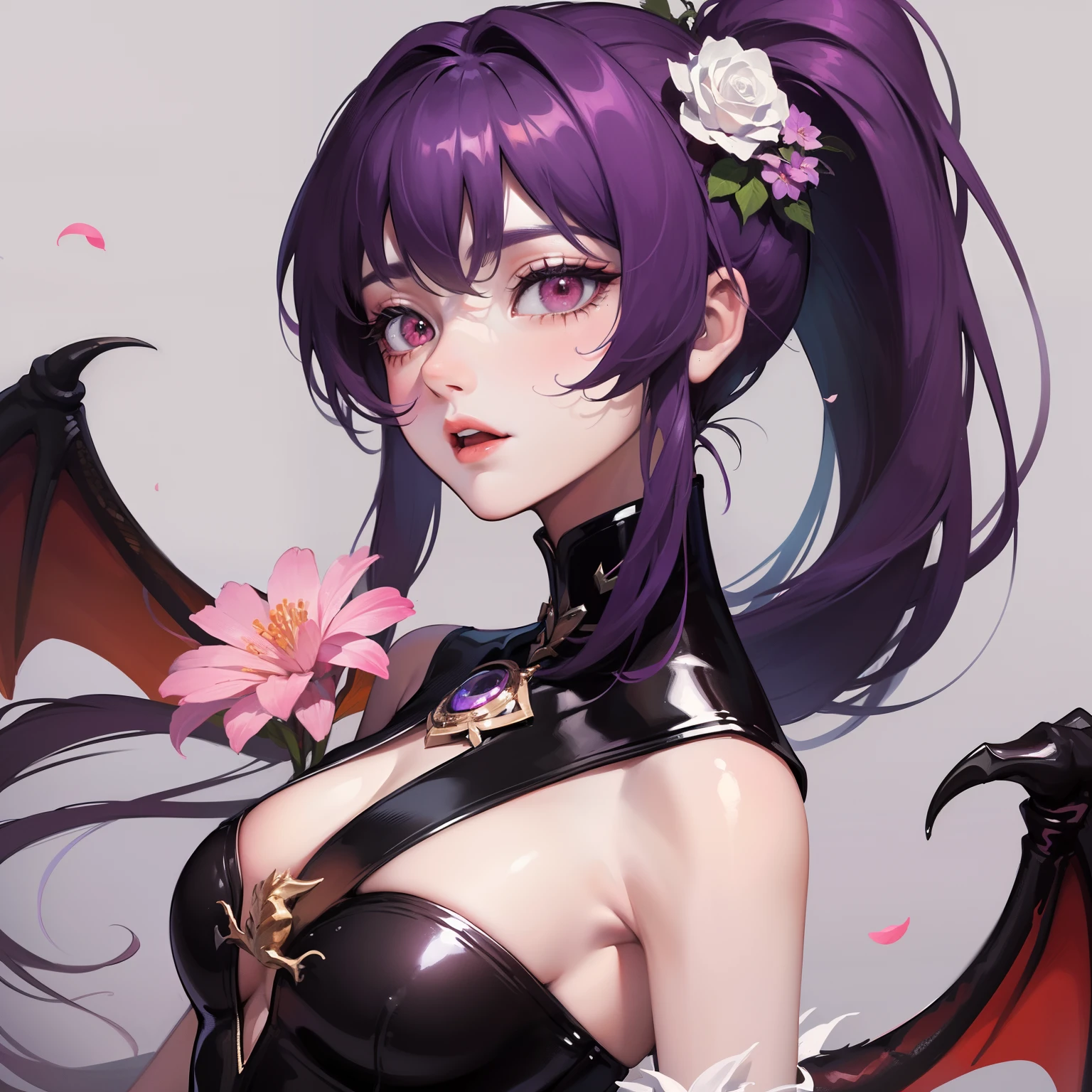 ((Masterpiece, Best Quality)), (Negative Space: 1.2), (1 Girl, Solo: 1.4), Petals, Pink Eyes, Dragon Girl, Long, Purple Hair, High Ponytail, Liquid Hair, Flowers, Dragon Background