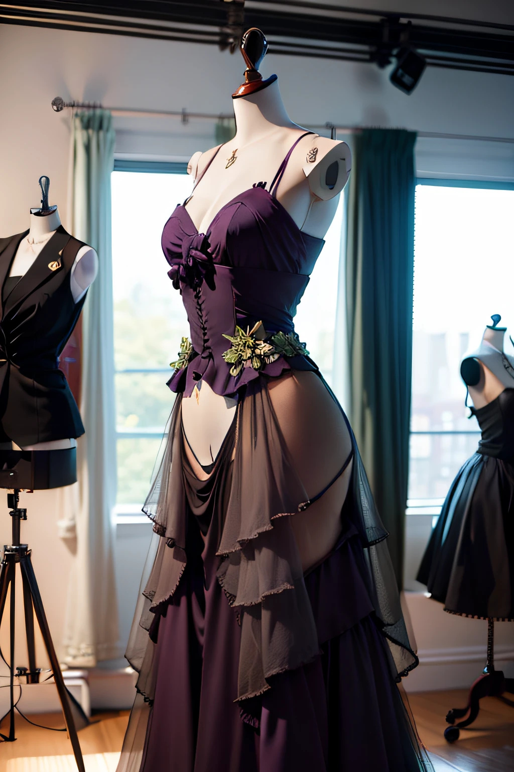 Heartthrob dress on headless wooden mannequin in a photography studio with fairy refs with hi-fashion refs, lots of transparency and with pastel colors and shades of purple and green with organza fabrics and lots of stonework, no fogo, com fundo de estudio fotografico, como se tivesse fotografando um look antes do desfile moderono e frescal como 2023