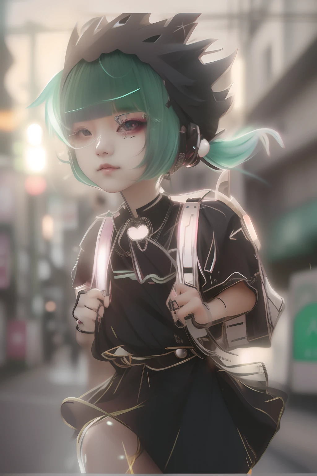 miku hatsune、Sleeveless、head phone、Green hair、Green-haired、goth_punk, 1girl in, 独奏, medium shot, Walking in Harajuku, ((during night)), bokeh dof, Neon light, Iridescent eyes, starrysky, Black shiny hair, White eyebrows, Radiant hair, (iridescent red hair), 耳Nipple Ring, bangss, jewely, masks, bluntbangs, verd s eyes, Mouth mask, blurry backround, bblurry, hair adornments, Look at viewers, shorth hair, portraitures, side locks