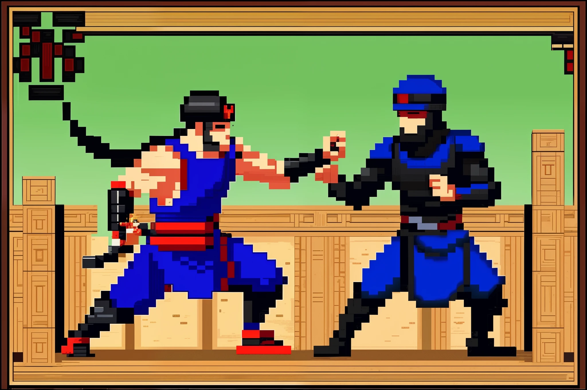 Ninja vs Roman soldier, Retro pixel art style, retro 8-bit console game style, highly detailed,