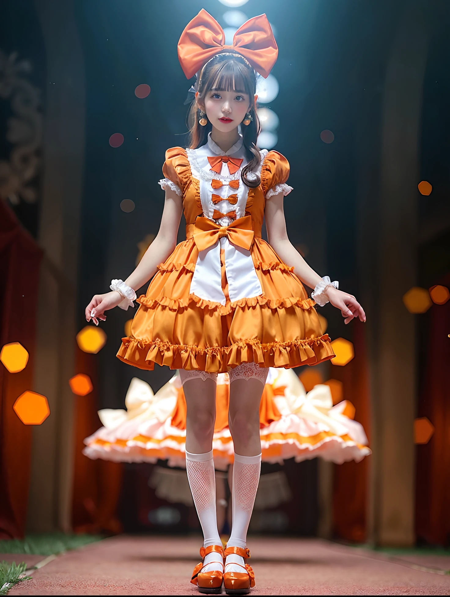 Arafe girl in orange satin dress and bow tie, rococo ruffles dress, angelic pretty, frilly outfit, rococo dress, high quality costume, Lolita style, style of magical girl, Lolita Fashion, fantasy outfit, Belle Delphine, fantasy dress, Orange accent costume, Ice Orange Dress, maid dress, loli in dress