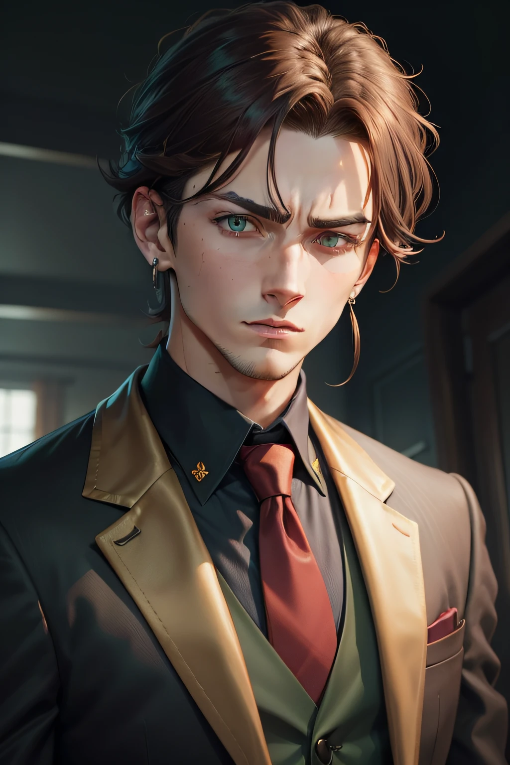Man tie and term dark green colors, red tie, brown hair, small gold earring right ear, outlined black, anime, golden eyes, cold look, expression would be