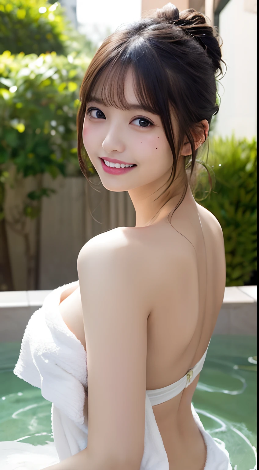 (女の子1人,  girl), (Top image quality), (超A high resolution, Photorealsitic), 8K, UHD, cinematlic lighting, beautiful  lighting, Professional Writing, Physically Based Rendering, photon maping, (A face with attention to detail, Face Highlights, Slim body style, ((Upper body naked, The best gravure style), de pele branca)), round and big breasts, round and lush udder, small areolas, thicc, Her sexual characteristics(Sexual characteristics)), Bewitching eyes、seducting smile, grin,white teeth, Beige-brown hair、braided hair、Floating hair、Medium hair:0.6、short-hair:0.4、(perfect arms、perfect hand、perfect fingers)、highlydetailed skin、realistic skin detail、Visible Pore、vista de longe、By the pool where you can feel the nature of the resort hotel、Waist-deep pool, ((Do not draw moles or scars from under the neck to the chest))、Do not draw wounds on the arm , Staring、harf body shot, fashion model posing