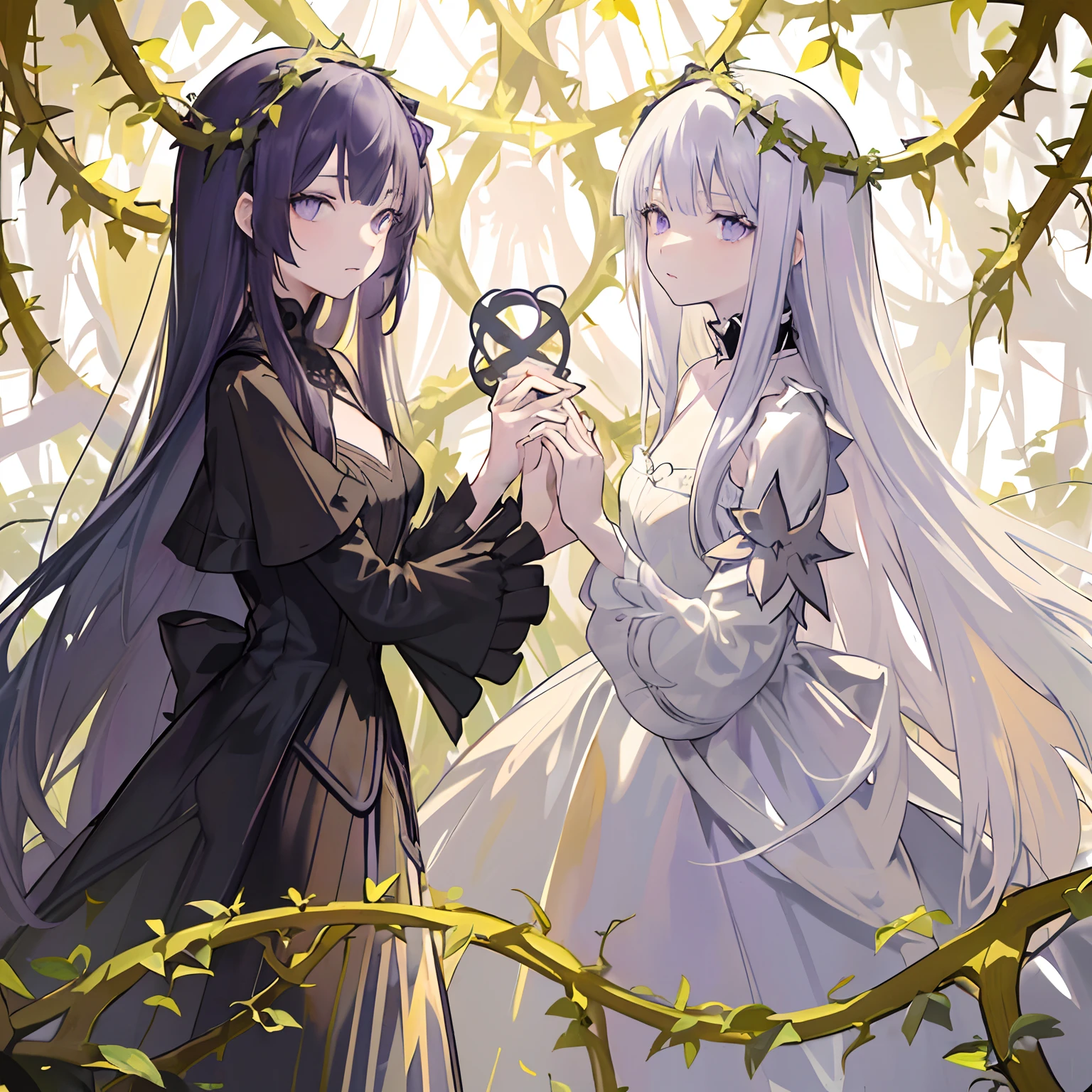 ((masterpiece:1.4, best quality))+, (ultra detailed)+,(ultra detailed eyes)+,
(cute 1girl),15 years old,(violet eyes:1.15),silver hair, very long hair,(wariza:1.2),pale skin,closed mouth,sad,
(She is dressed in a gown made of intertwining vines:1.5),(flat chest:1.2),(vines dress:1.4),(dress made of vines:1.2),(surrounded by vines:1.4),
(despair:1.3),gothic,
(dark yellow vines:1.3),leaves,(vines tree:1.1),
(dawn light:1.2),violet,
(heavy Monochrome:1.16),(depth of field:1.4),