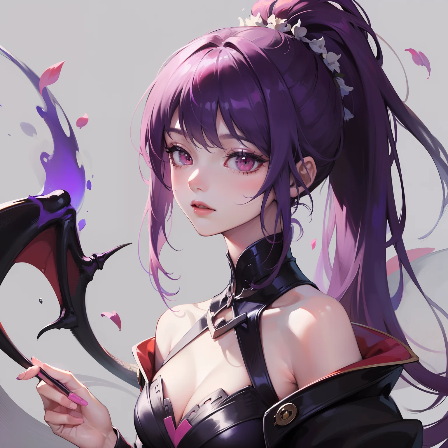 ((Masterpiece, Best Quality)), (Negative Space: 1.2), (1 Girl, Solo: 1.4), Petals, Pink Eyes, Dragon Girl, Long, Purple Hair, High Ponytail, Liquid Hair, Flowers, Dragon Background