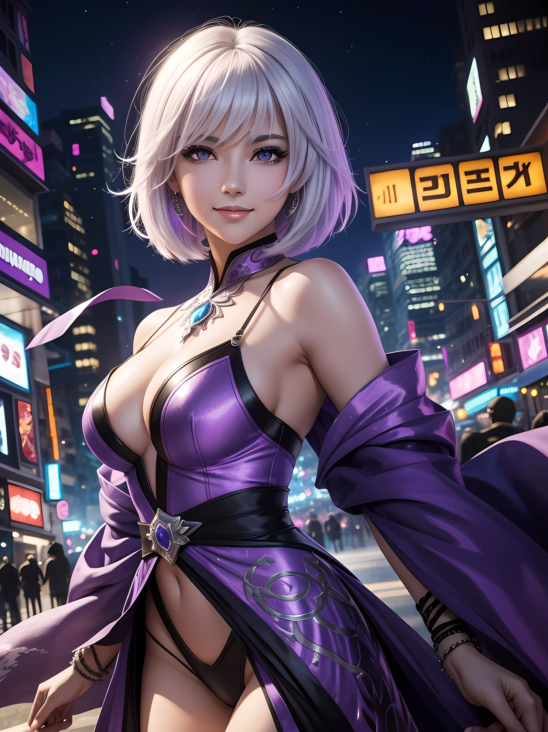 1girl, white wolf cut hair, purple eyes ,detailed anime style,beautiful and stunning artwork, shimmering shadows, strong colors, a happy city woman surrounded by other civilians, city background, night, party, happy, dynamic, dancing, head and shoulders portrait, konfetti, dollars raining down, absurdres, high res, ultrasharp, 8K, masterpiece, looking at viewer smiling