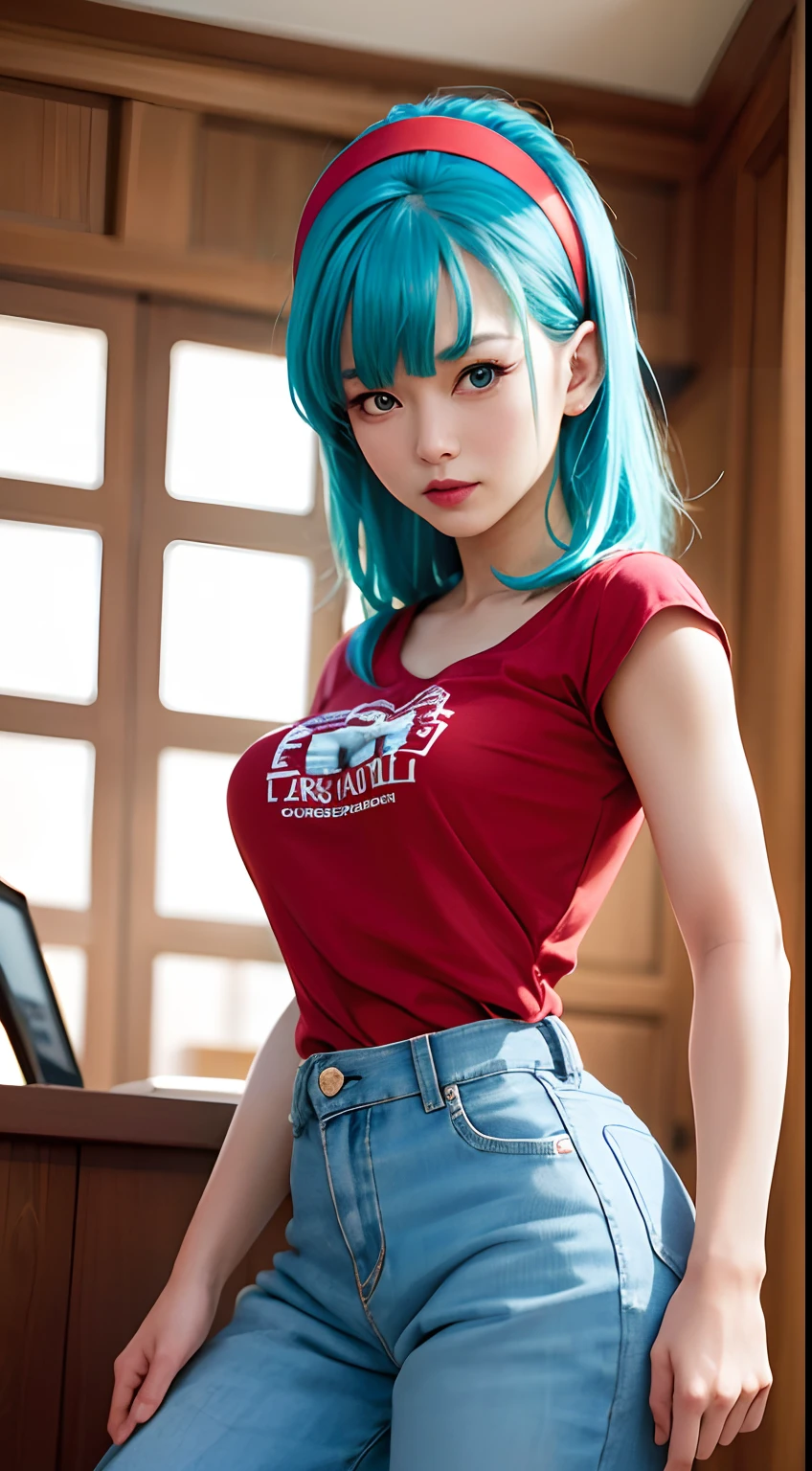 masterpiece, best quality, highres, dragon ball, blmmid, aqua hair, medium hair, blunt bangs, red hairband, medium breasts, shirt, skirt, cowboy shot, indoors, standing,