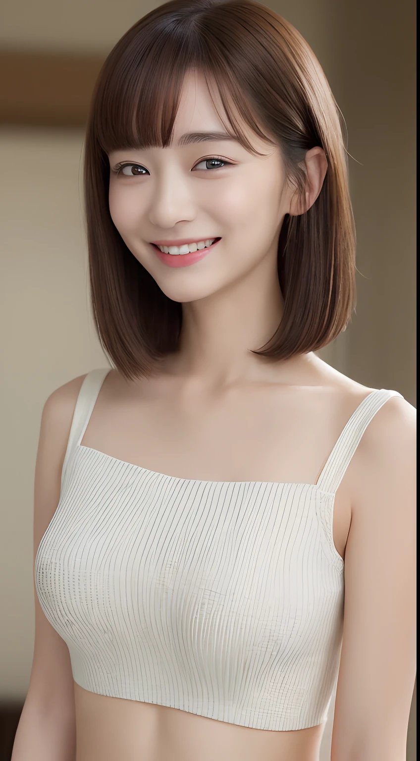 ((Best Quality, 8K, Masterpiece: 1.3)), 1 Girl, Slim Abs Beauty: 1.3, (Hairstyle Brown Hair Shortcut, Big: 1.2), Dress: 1.1, Super Slender Face, Delicate Eyes, Double Eyelids, Smile, Home, Raw Photo