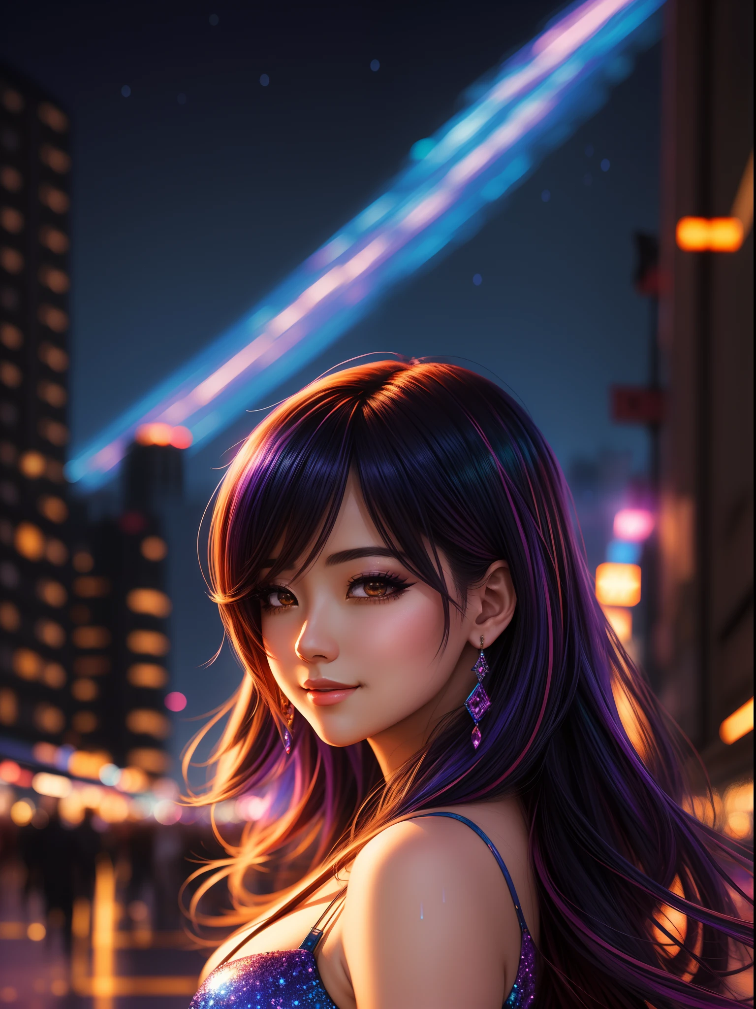 detailed anime style,beautiful and stunning artwork, shimmering shadows, strong colors, a happy city woman surrounded by other civilians, city background, night, party, happy, dynamic, dancing, head and shoulders portrait, konfetti, dollars raining down