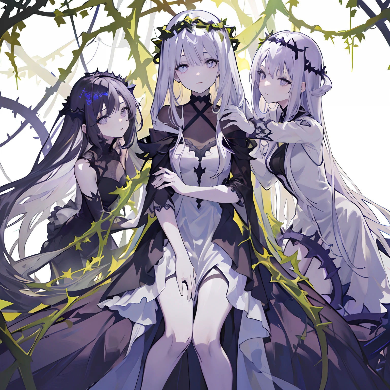 ((masterpiece:1.4, best quality))+, (ultra detailed)+,(ultra detailed eyes)+,
(cute 1girl),,(violet eyes:1.15),silver hair, very long hair,(wariza:1.2),pale skin,closed mouth,sad,
(She is dressed in a gown made of intertwining vines:1.5),(flat chest:1.2),(vines dress:1.4),(dress made of vines:1.2),(surrounded by vines:1.4),
(despair:1.3),gothic,
(dark yellow vines:1.3),leaves,(vines tree:1.1),
(dawn light:1.2),violet,
(heavy Monochrome:1.16),(depth of field:1.4),