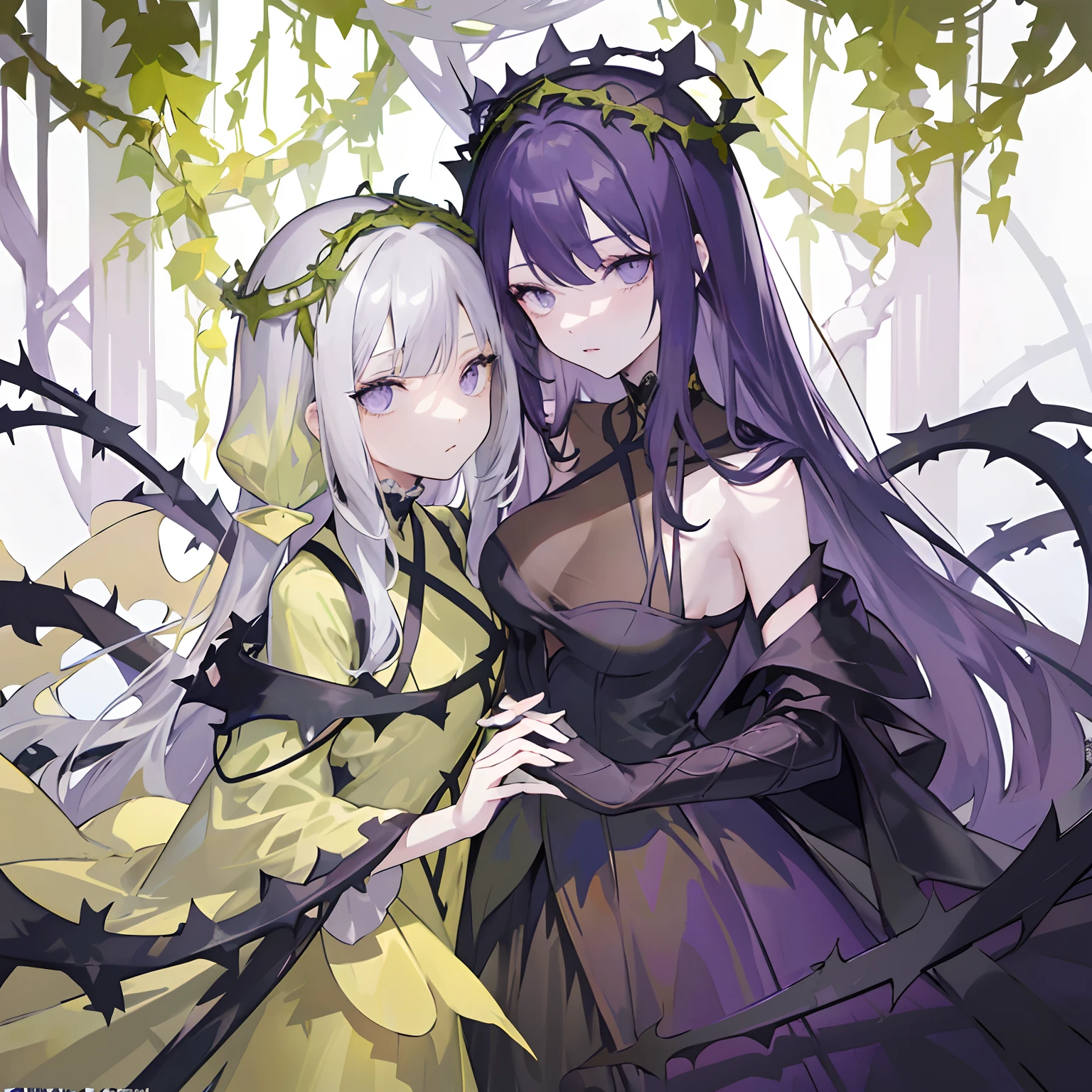 ((masterpiece:1.4, best quality))+, (ultra detailed)+,(ultra detailed eyes)+,
(cute 1girl),,(violet eyes:1.15),silver hair, very long hair,(wariza:1.2),pale skin,closed mouth,sad,
(She is dressed in a gown made of intertwining vines:1.5),(flat chest:1.2),(vines dress:1.4),(dress made of vines:1.2),(surrounded by vines:1.4),
(despair:1.3),gothic,
(dark yellow vines:1.3),leaves,(vines tree:1.1),
(dawn light:1.2),violet,
(heavy Monochrome:1.16),(depth of field:1.4),