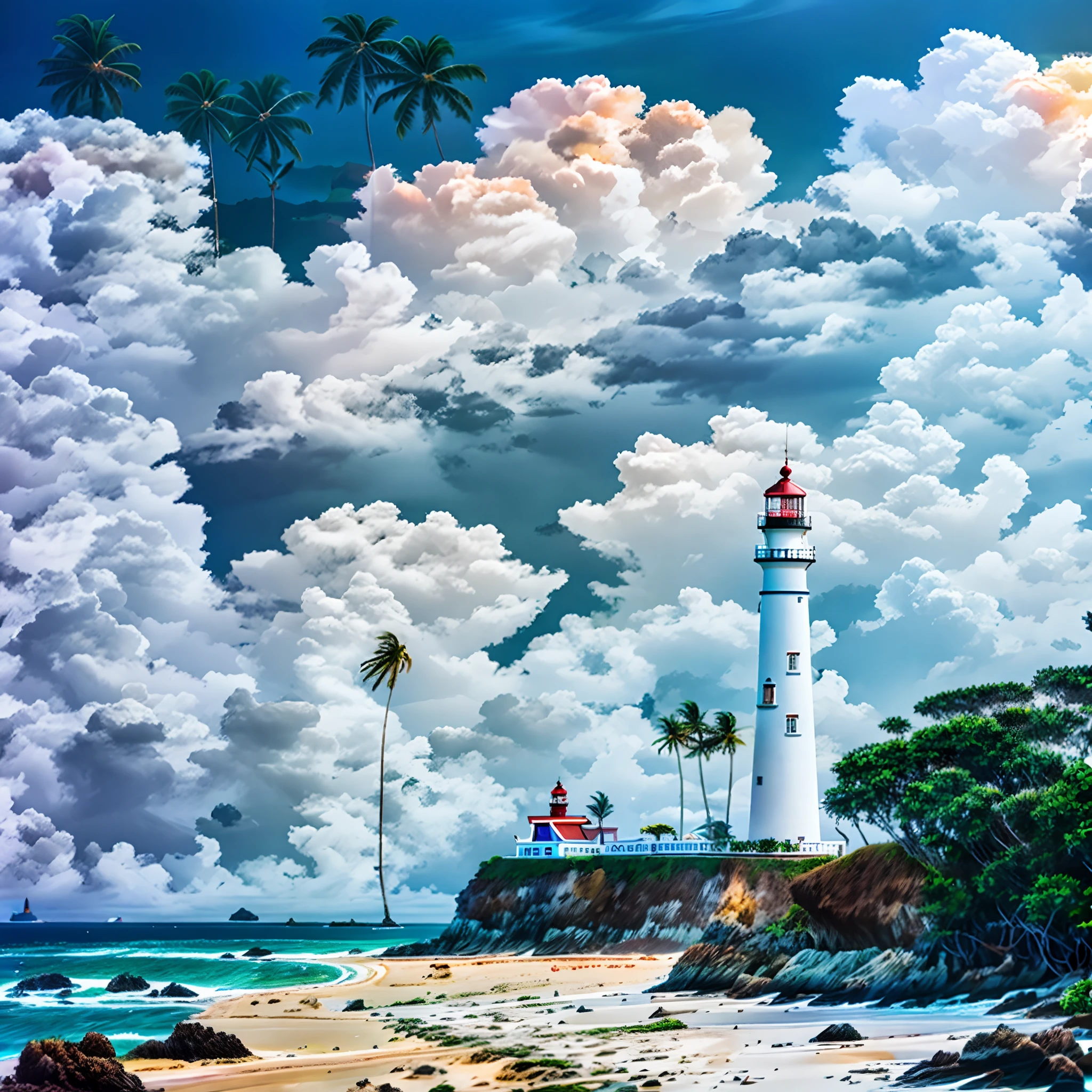There is a lighthouse on a small island with palm trees, farol, farol, Shutterstock, Farol arrojado no horizonte, tourist destination, Farol no deserto, iStock, Luz no topo, uma estrada que leva ao farol, Monsoon on tropical island, tropical location, fundo interessante, cidade costeira tropical, paisagem da ilha, Altamente estilizado, Costeiro, Aldeia de Kerala