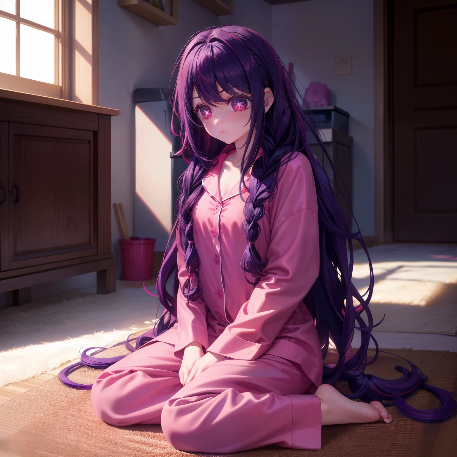 lonely girl, long braided hair, curly hair, purple hair, beautiful bright red eyes, pajamas, sitting on the floor, at home, provocative face,