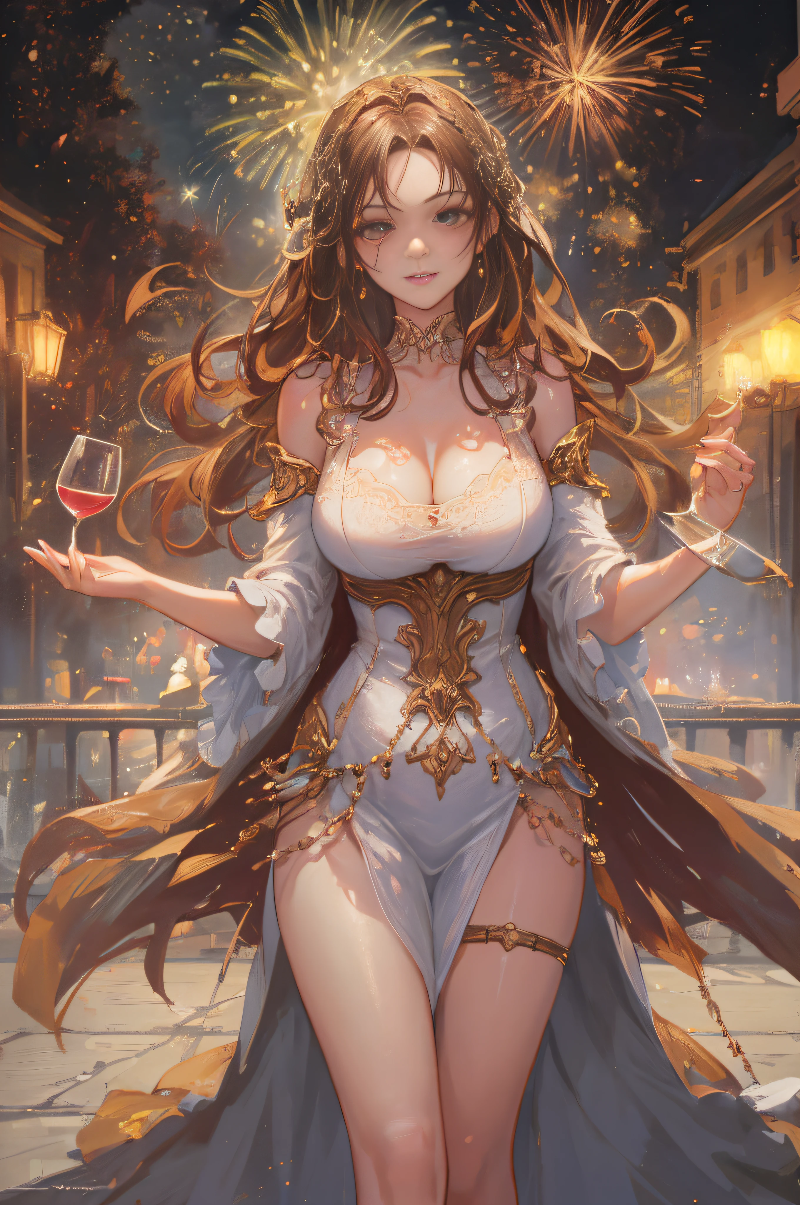 ((A sexy and beautiful woman holding a wine glass and looking at me on the terrace)), ((The cutest 22-year-old beauty)), Charming smile, ((Fireworks in the background) ), ((Very long hair) ), ((One piece with a lot of exposed parts)), ((Rich bust)), Gradient eyes, Seductive makeup, Single view, NFFSW, UHD, Retina, Masterpiece, Accurate, Anatomy Scientifically correct, textured skin, super detail, high detail, high quality, award winning, highest quality, high resolution, 1080P, HD, 4K, 8k, 16k