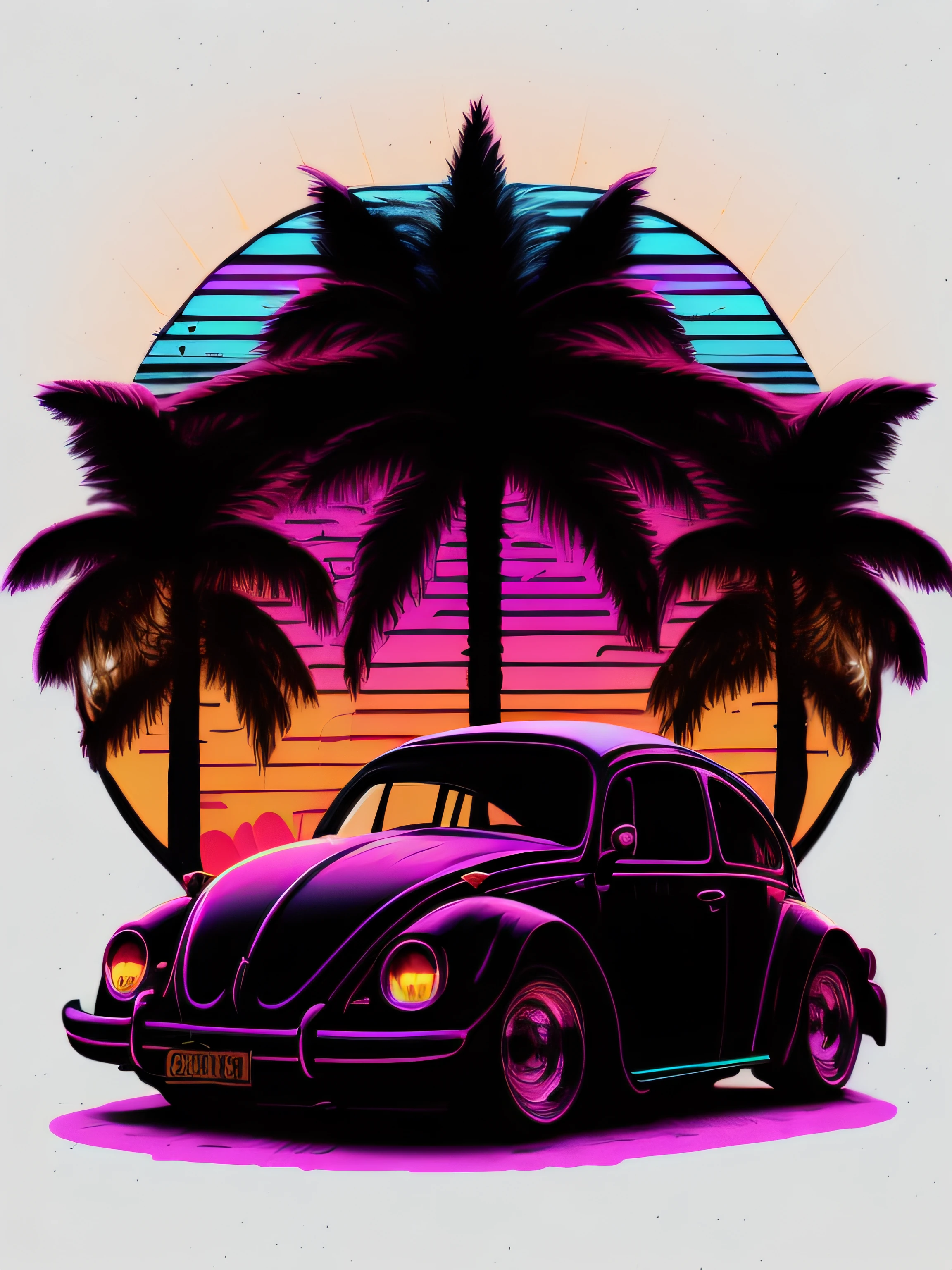 a Vintage Beetle in front of the sunset, Estilo Vaporwave, estilo neon, linhas suaves, Arte do adesivo vetorial, vector kernel, Detalhes intrincados, fundo branco , 8k