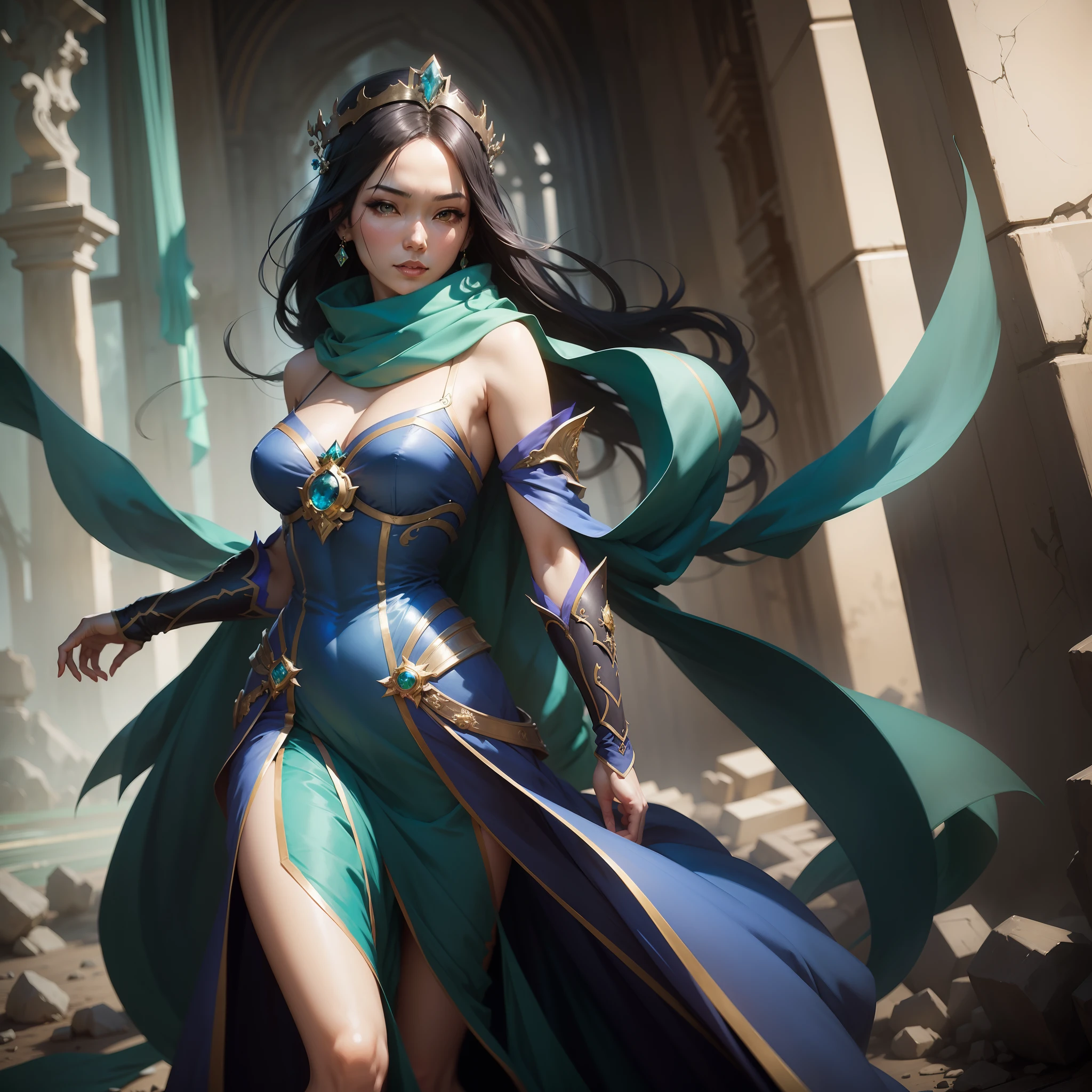 a woman in a blue dress with a long green scarf, beautiful character painting, a beautiful fantasy empress, by Yang J, style of artgerm, artgerm and ruan jia, extremely detailed artgerm, trending artgerm, artgerm. anime illustration, ruan jia and artgerm, inspired by Pu Hua, artgerm detailed