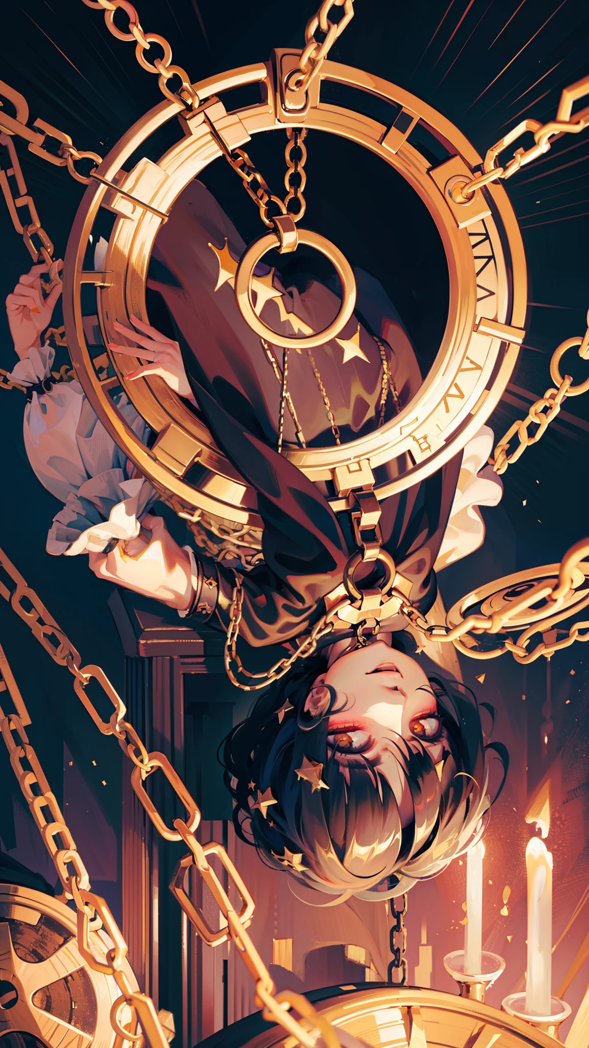 High quality. High details. 8K. Hanged woman reversed. Chains around neck. Falling down. Drown. Melting makeup. Crackled skin. Klimt. Esoteric.