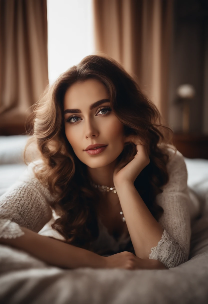 a selfie (masterpiece, best quality), beautiful woman, detailed sleeveless turtleneck, pants, necklace, wavy hair, perfect face, beautiful face, seductive, big beautiful eyes, open mouth, happy, perfect slender body , indoors, lying on a bed
