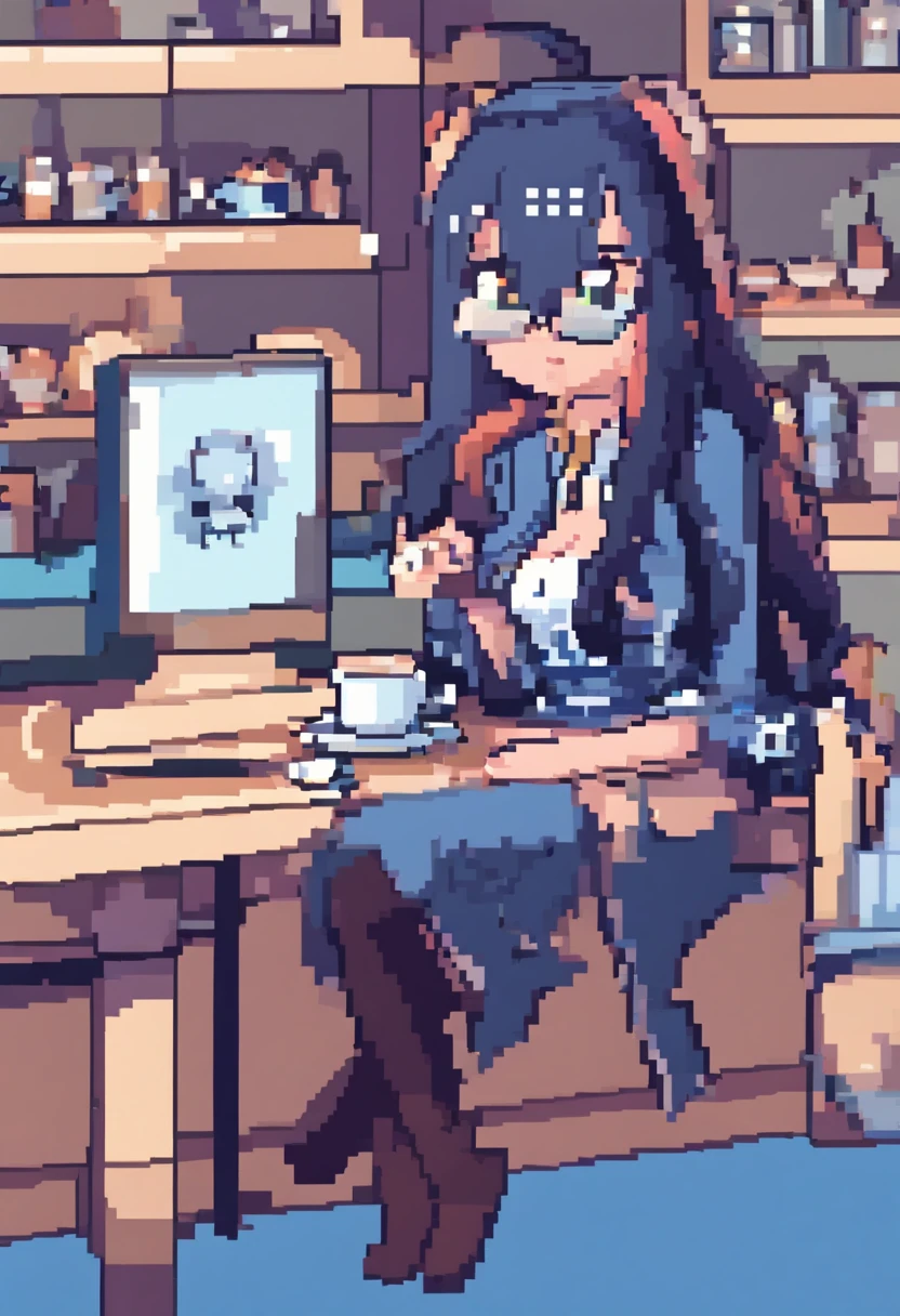 una chica cabello azul, con ojos azules, camisa blanca, falda negra, orejas de gato, tomando cafe, con cuerpo sexy, y un fondo de un cuarto