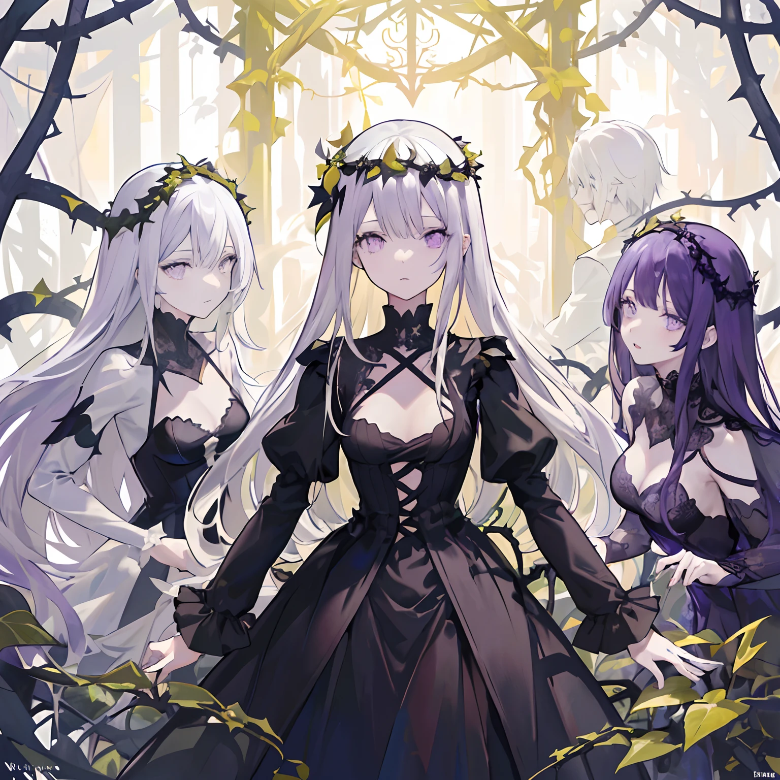 ((masterpiece:1.4, best quality))+, (ultra detailed)+,(ultra detailed eyes)+,
(cute 1girl),,(violet eyes:1.15),silver hair, very long hair,(wariza:1.2),pale skin,closed mouth,sad,
(She is dressed in a gown made of intertwining vines:1.5),(flat chest:1.2),(vines dress:1.4),(dress made of vines:1.2),(surrounded by vines:1.4),
(despair:1.3),gothic,
(dark yellow vines:1.3),leaves,(vines tree:1.1),
(dawn light:1.2),violet,
(heavy Monochrome:1.16),(depth of field:1.4),