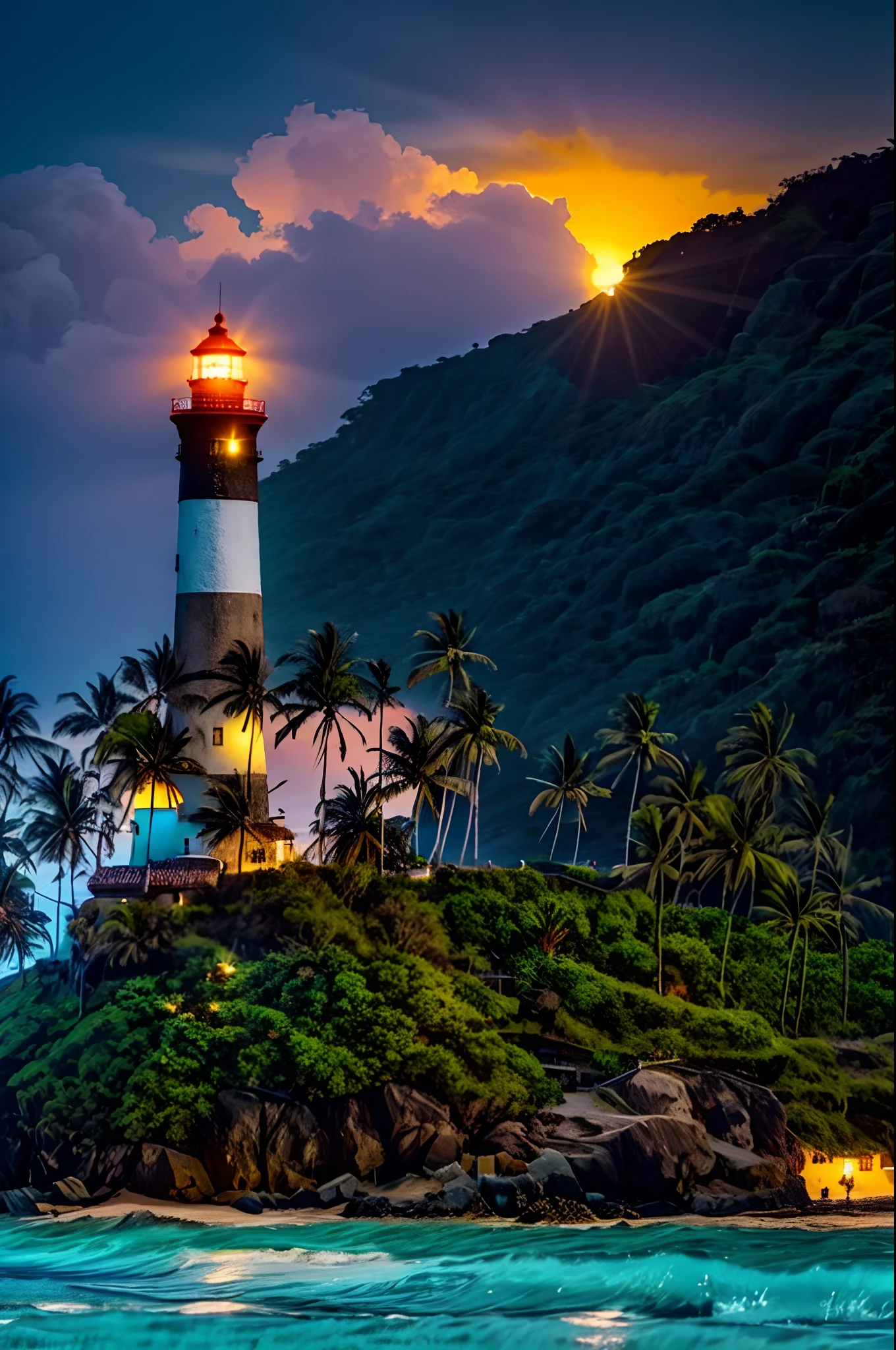 There is a lighthouse on a small island with palm trees, farol, farol, Shutterstock, Farol arrojado no horizonte, tourist destination, Farol no deserto, iStock, Luz no topo, uma estrada que leva ao farol, Monsoon on tropical island, tropical location, fundo interessante, cidade costeira tropical, paisagem da ilha, altamente estilizado, costeiro, Aldeia de Kerala