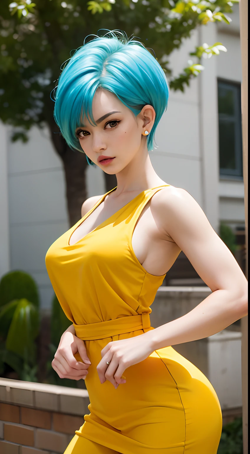 masterpiece, best quality, highres, dragon ball, blmshort, aqua hair, very short hair, earrings, jewelry, red dress, medium breasts, yellow scarf, short dress, sleeveless, outdoors, standing, cowboy shot