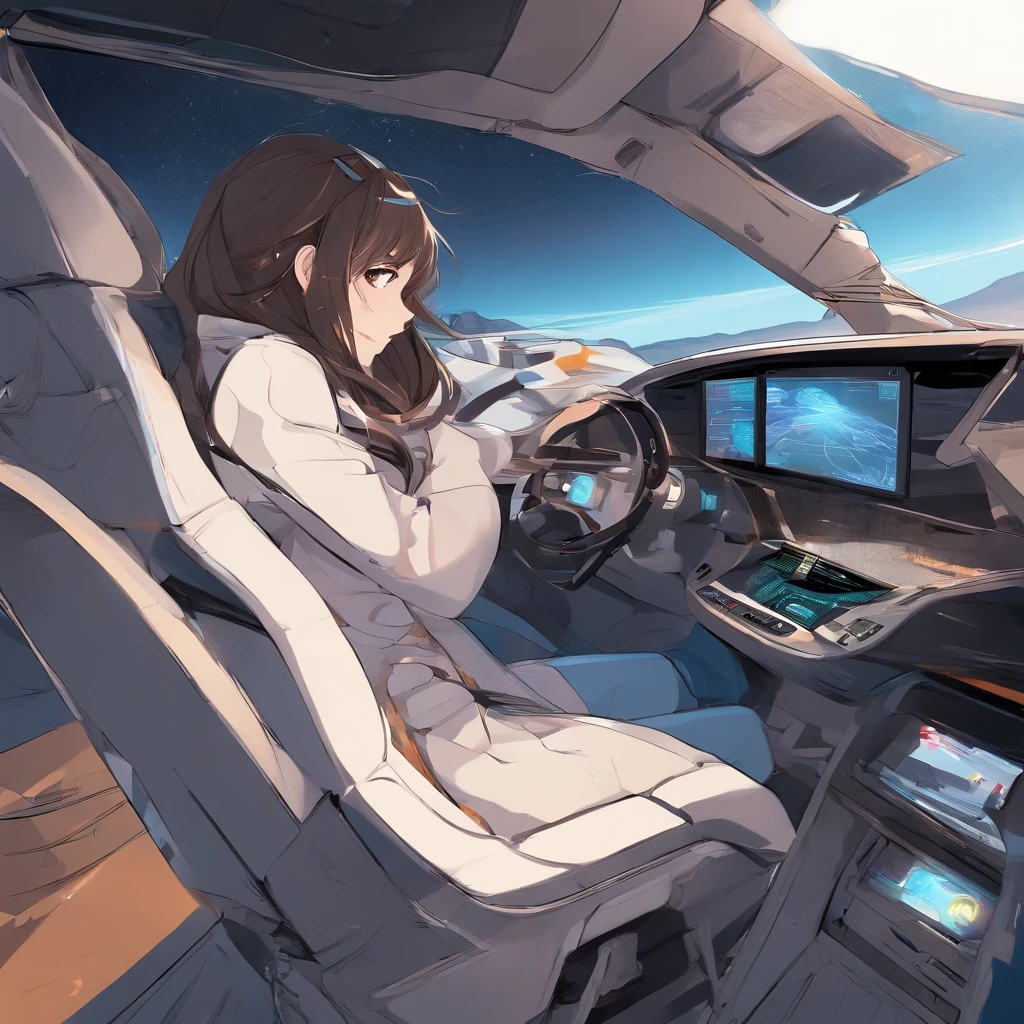 With high-resolution animated illustrations、25 year old woman sits in the driver's seat of a large truck driving on the highway at night。She let her long brown hair flutter in the wind、Get behind the wheel with a confident look。The inside of the bogie is faithfully reproduced to the smallest detail..、dashboard、sheets、control panels, etc. Clearly drawn。Girl staring at the road、It depicts the confident running of the track。Outside the window of the truck、Driving on a highway々Vehicles、Stars are shining in the night sky。