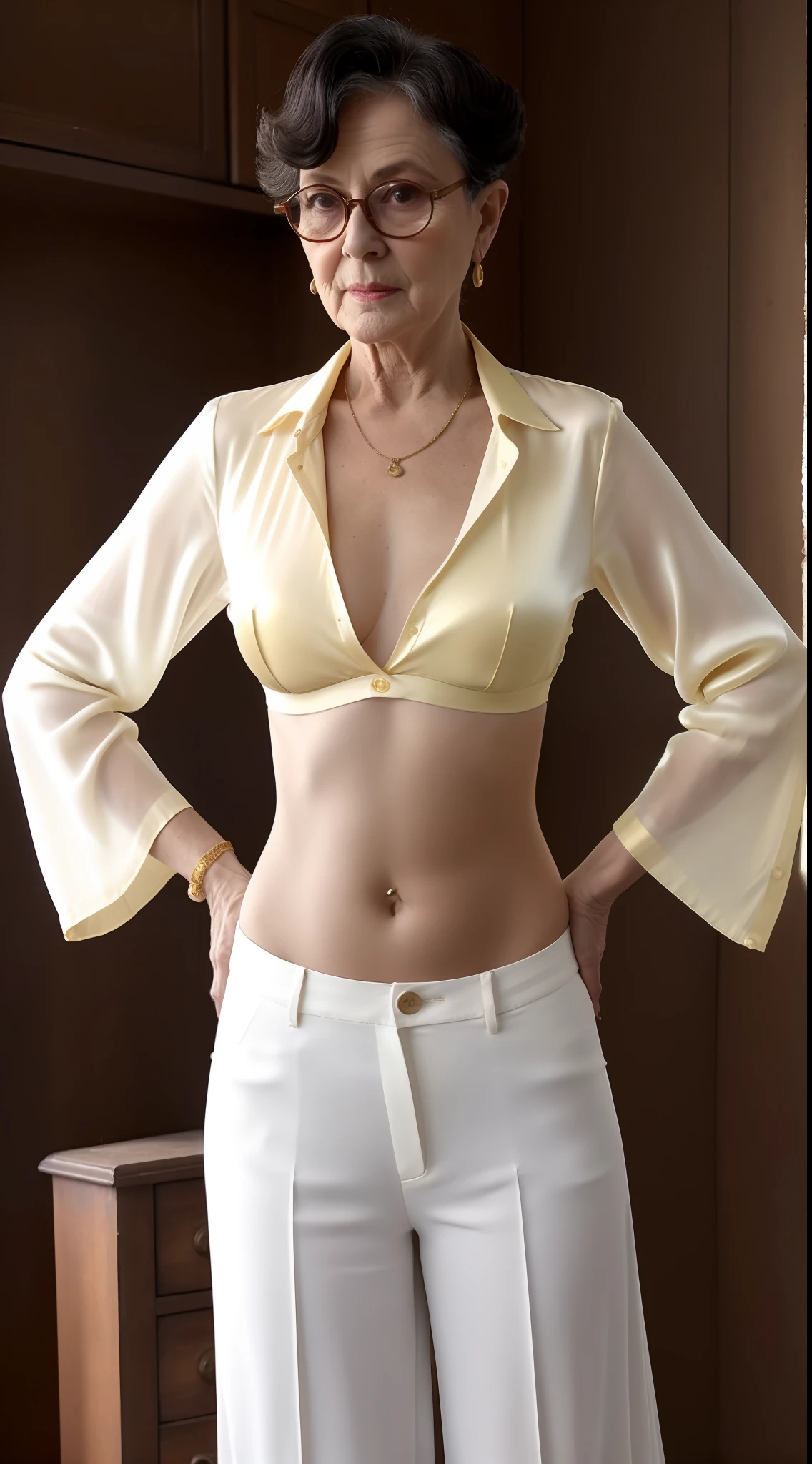 there is a bespectacled very old aged elderly older mature cheeky master dame, she wears very unbuttoned and unglued shiny yellow fitted stretch silk skimpy midriff-shirt little-sleeved and very low rise white pants pinned by one only simple ivory cream button , very short French-hair-cut, large and deep drop-shaped navel!!!