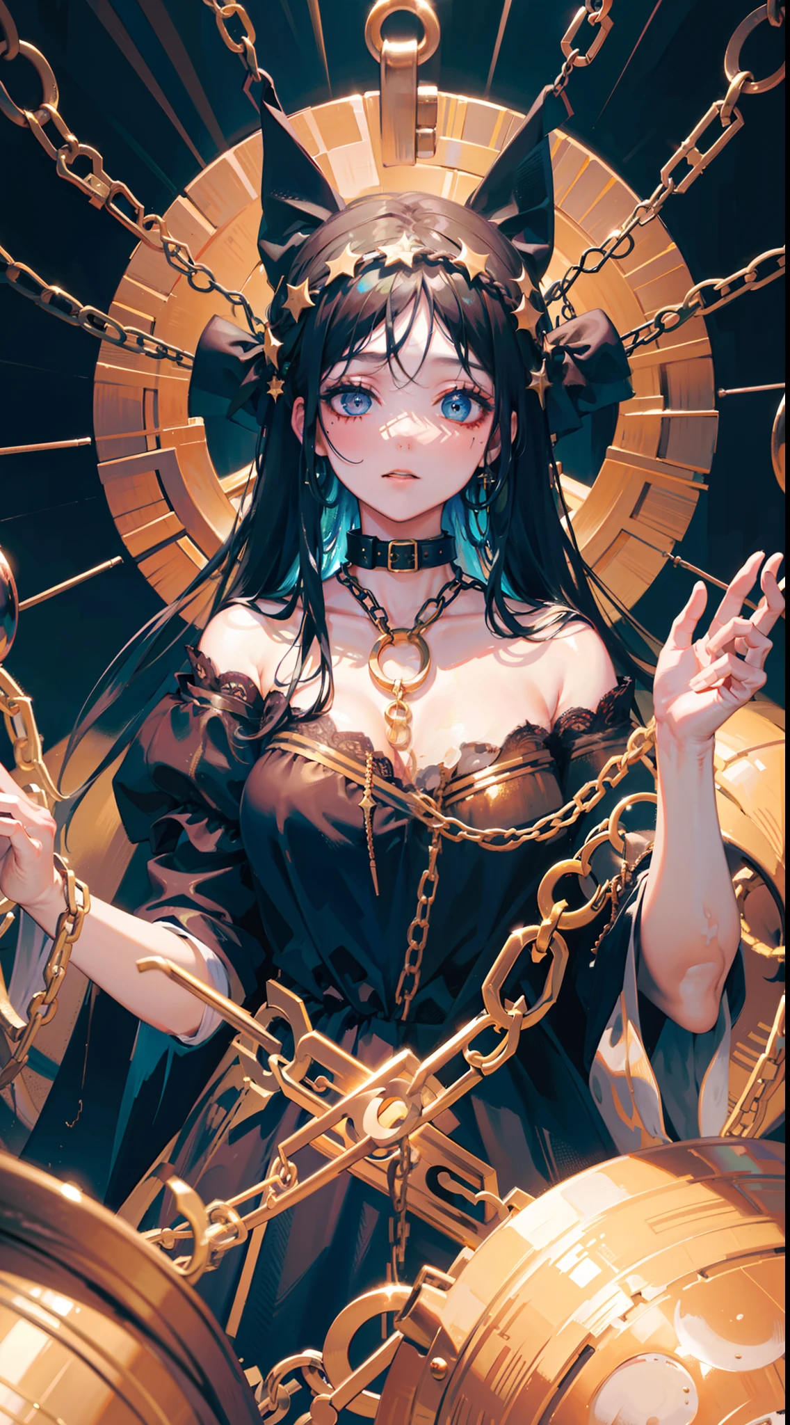 High quality. High details. 8K. Hanged woman reversed. Chains . Rope around neck. Falling down. Drown. Melting makeup. Crackled skin. Klimt. Esoteric.Dark hairs