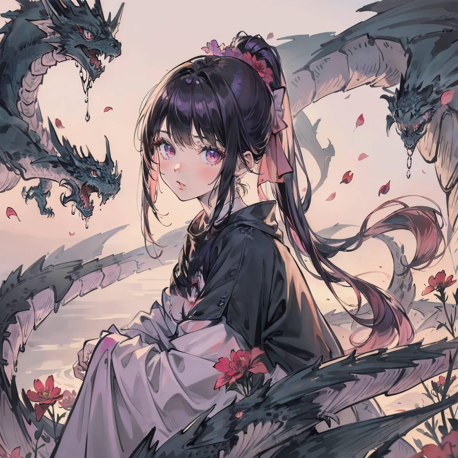 ((Masterpiece, Best Quality)), (Negative Space: 1.2), (1 Girl, Solo: 1.4), Petals, Pink Eyes, Dragon Girl, Long, Purple Hair, High Ponytail, Liquid Hair, Flowers, Dragon Background