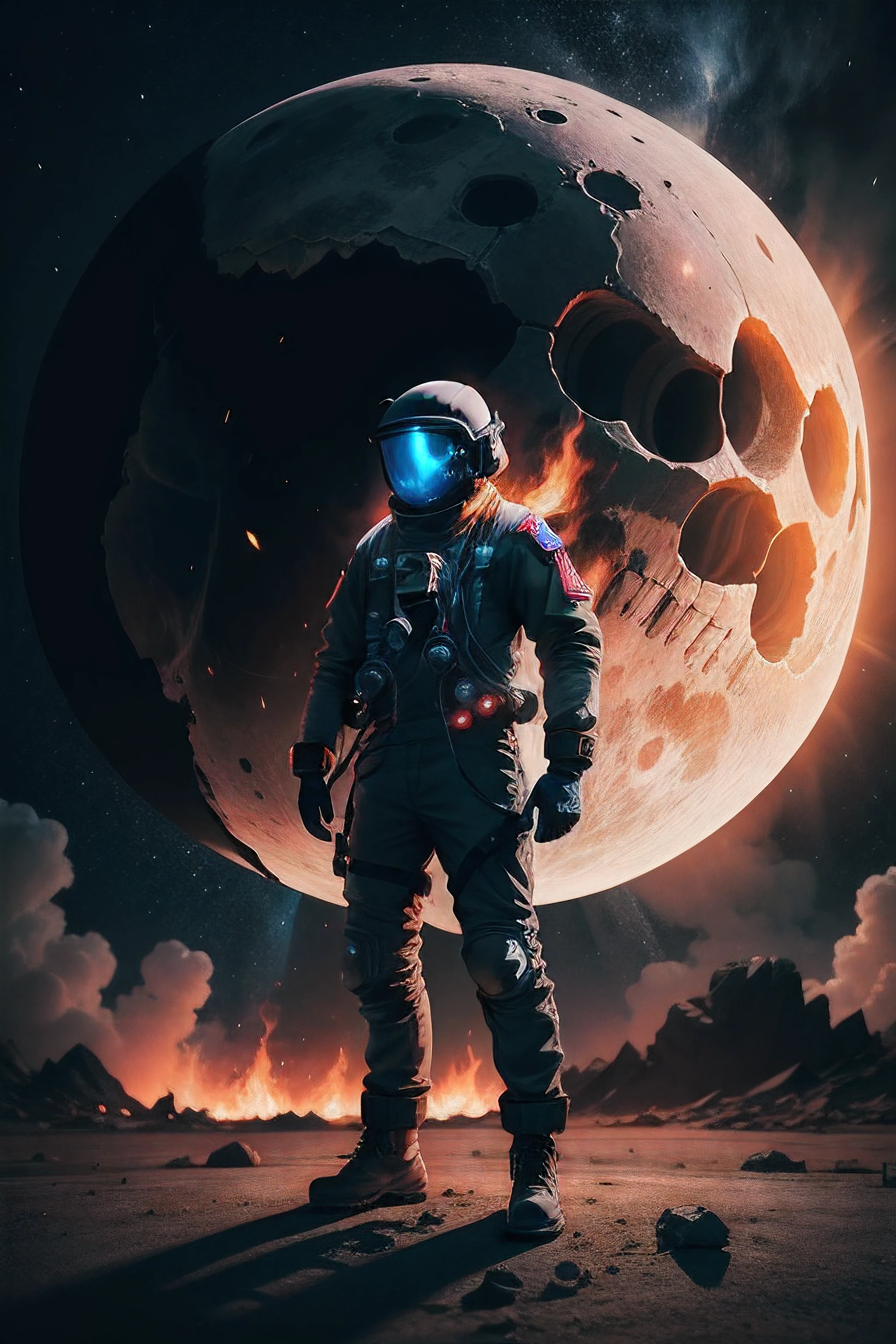 Fire skull astronaut black, standing, in front of ateride impact, destroyed, explosion, bright light, abandoned, full 8k image, ultra realistic, very detailed, beautiful, perfect, background moon, northern lights background