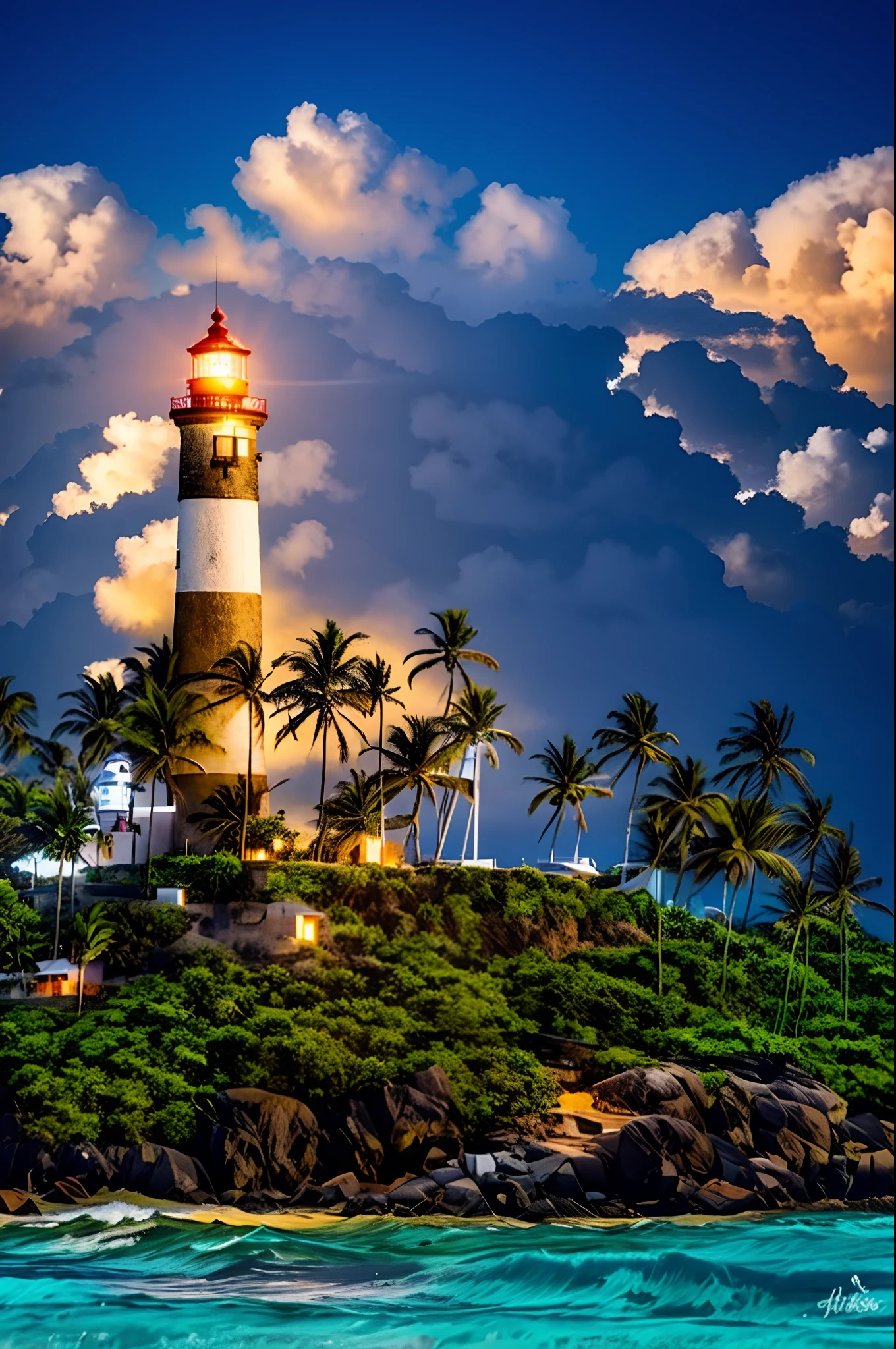 There is a lighthouse on a small island with palm trees, farol, farol, Shutterstock, Farol arrojado no horizonte, tourist destination, Farol no deserto, iStock, Luz no topo, uma estrada que leva ao farol, Monsoon on tropical island, tropical location, fundo interessante, cidade costeira tropical, paisagem da ilha, altamente estilizado, costeiro, Aldeia de Kerala