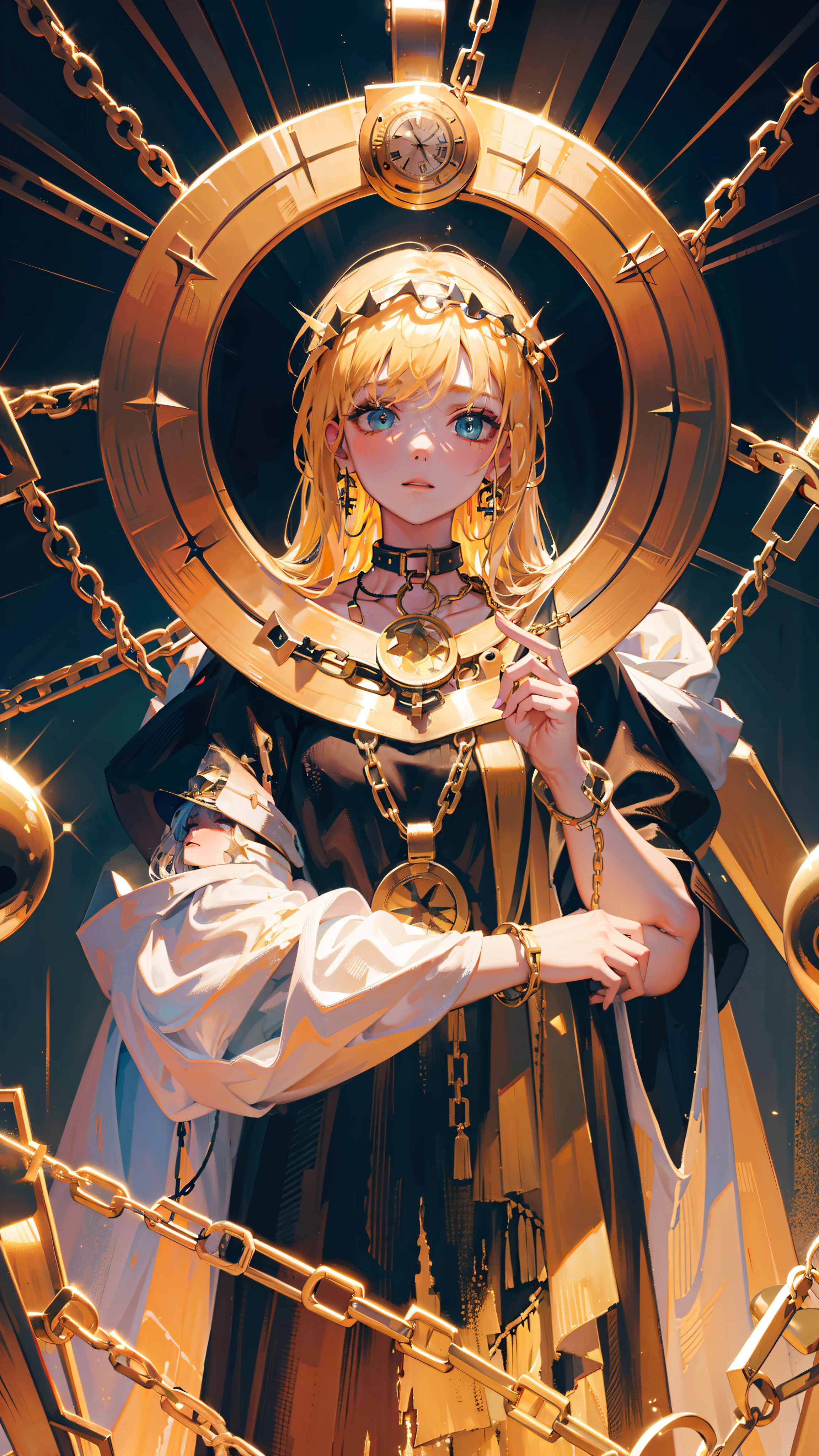 High quality. High details. 8K. Hanged woman reversed. Chains around neck. Falling down. Drown. Melting makeup. Crackled skin. Klimt. Esoteric.