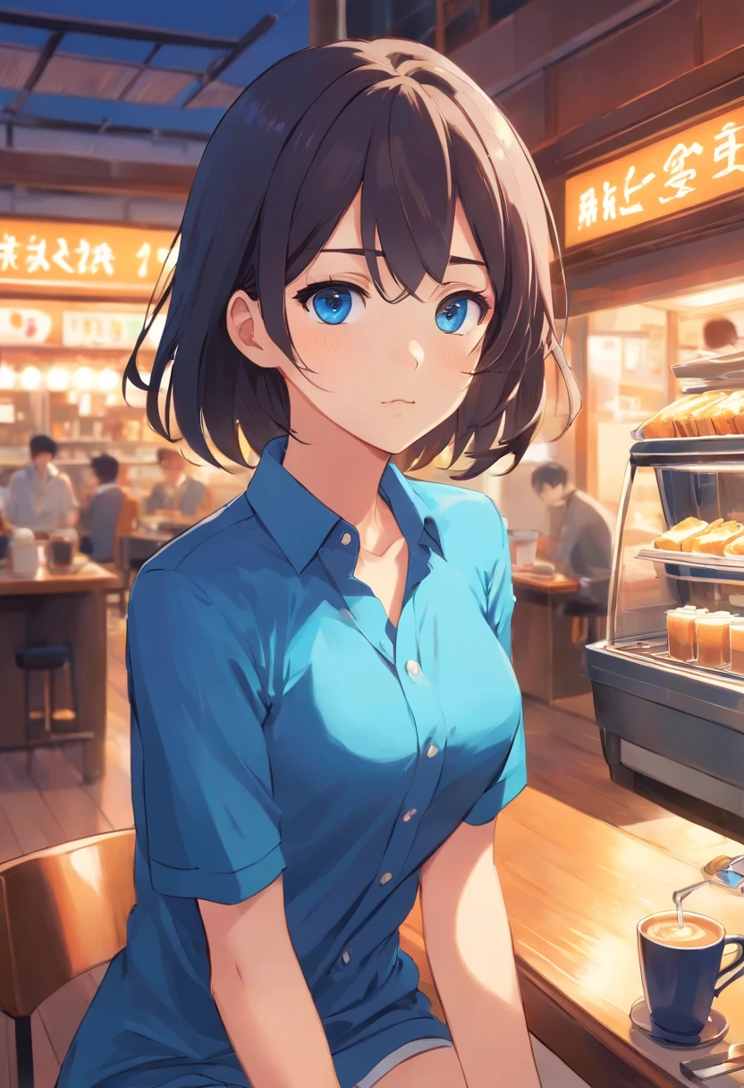 una chica cabello azul, con ojos azules, camisa blanca, falda negra, orejas de gato, tomando cafe, con cuerpo sexy, y un fondo de un cuarto