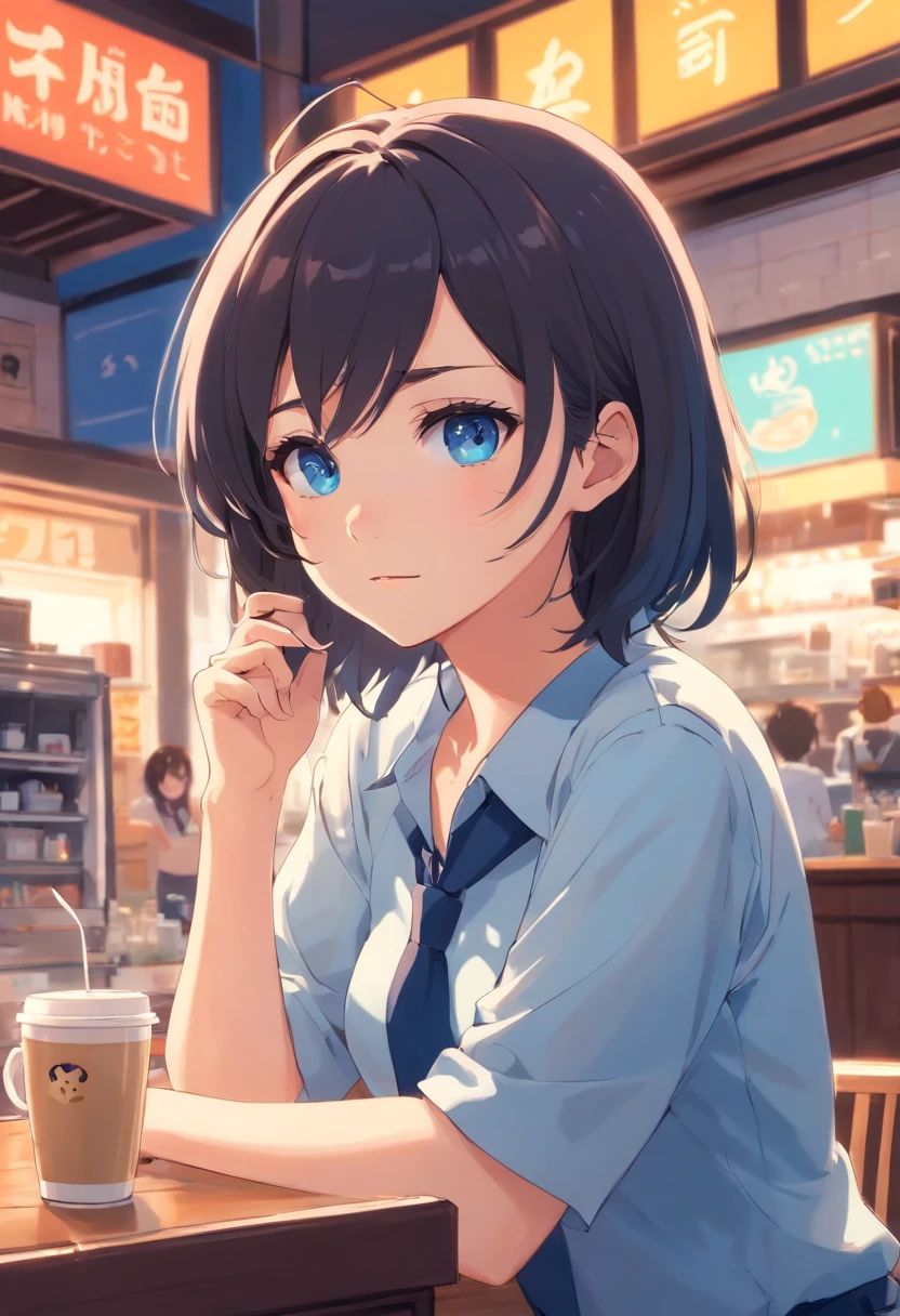 una chica cabello azul, con ojos azules, camisa blanca, falda negra, orejas de gato, tomando cafe, con cuerpo sexy, y un fondo de un cuarto