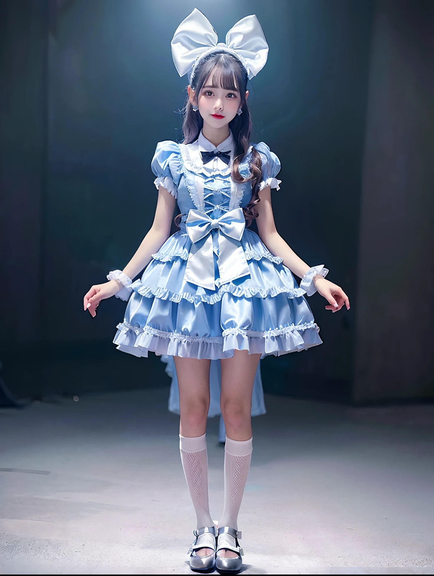 Alafe girl in silver satin dress and bow tie, rococo ruffles dress, angelic pretty, frilly outfit, rococo dress, high quality costume, ta style, style of magical girl, Loliashion, fantasy outfit, Belle Delphine, fantasy dress, Silver accent costume, Ice Silver Dress, maid dress, loli in s