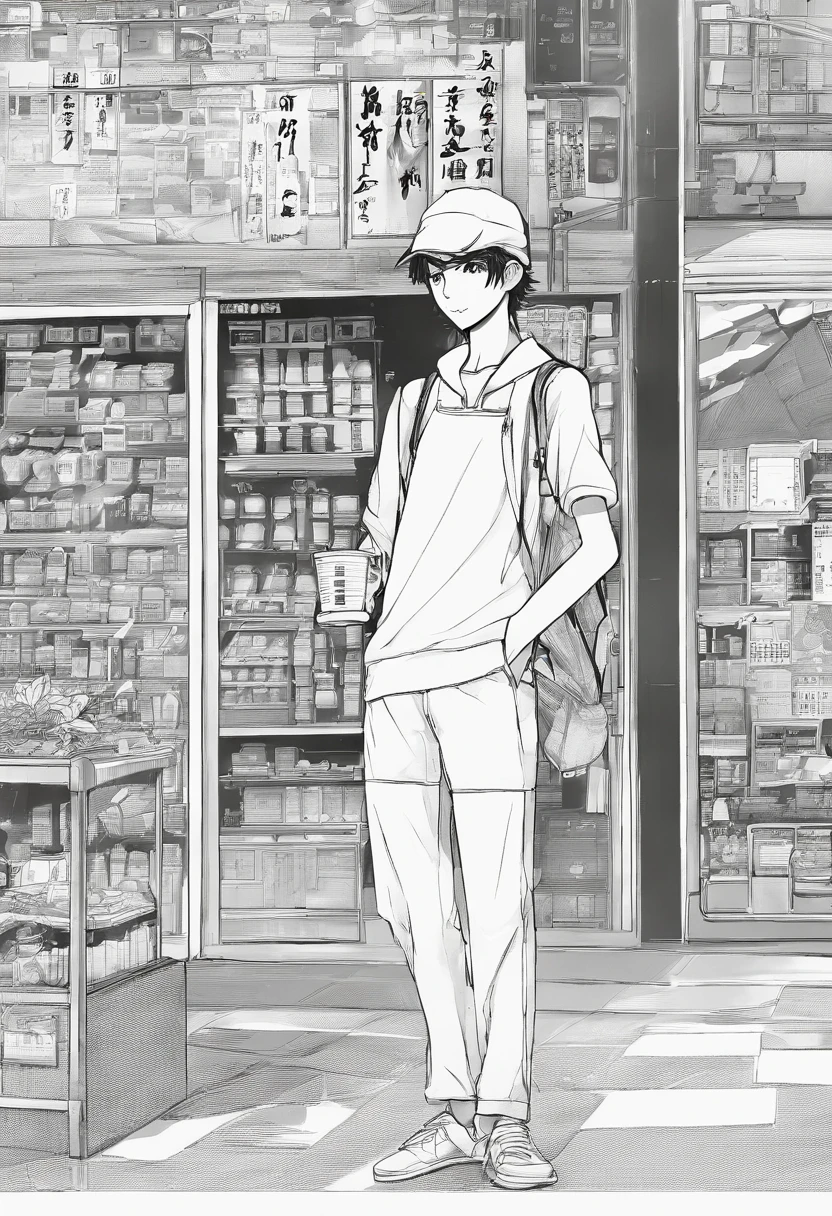First page of a manga, Hooded boy talking to a coffee vendor, Bolhas de fala vazias, Anime style black and white manga, Boy with smile on face wearing cap, vendor in front of a diner delivering coffee, garoto e vendedor na rua vazia, bolhas de conversa, preto e branco, black and white manga