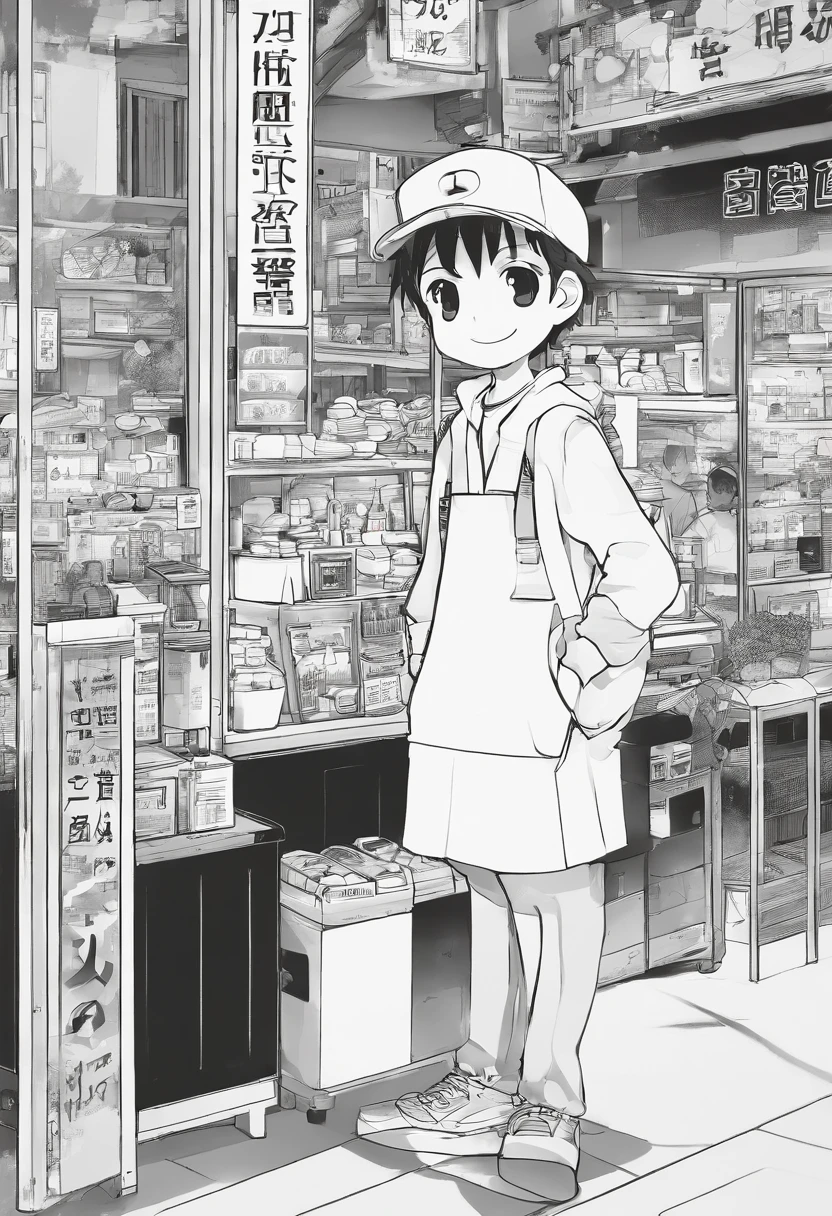 First page of a manga, Hooded boy talking to a coffee vendor, Bolhas de fala vazias, Anime style black and white manga, Boy with smile on face wearing cap, vendor in front of a diner delivering coffee, garoto e vendedor na rua vazia, bolhas de conversa, preto e branco, black and white manga