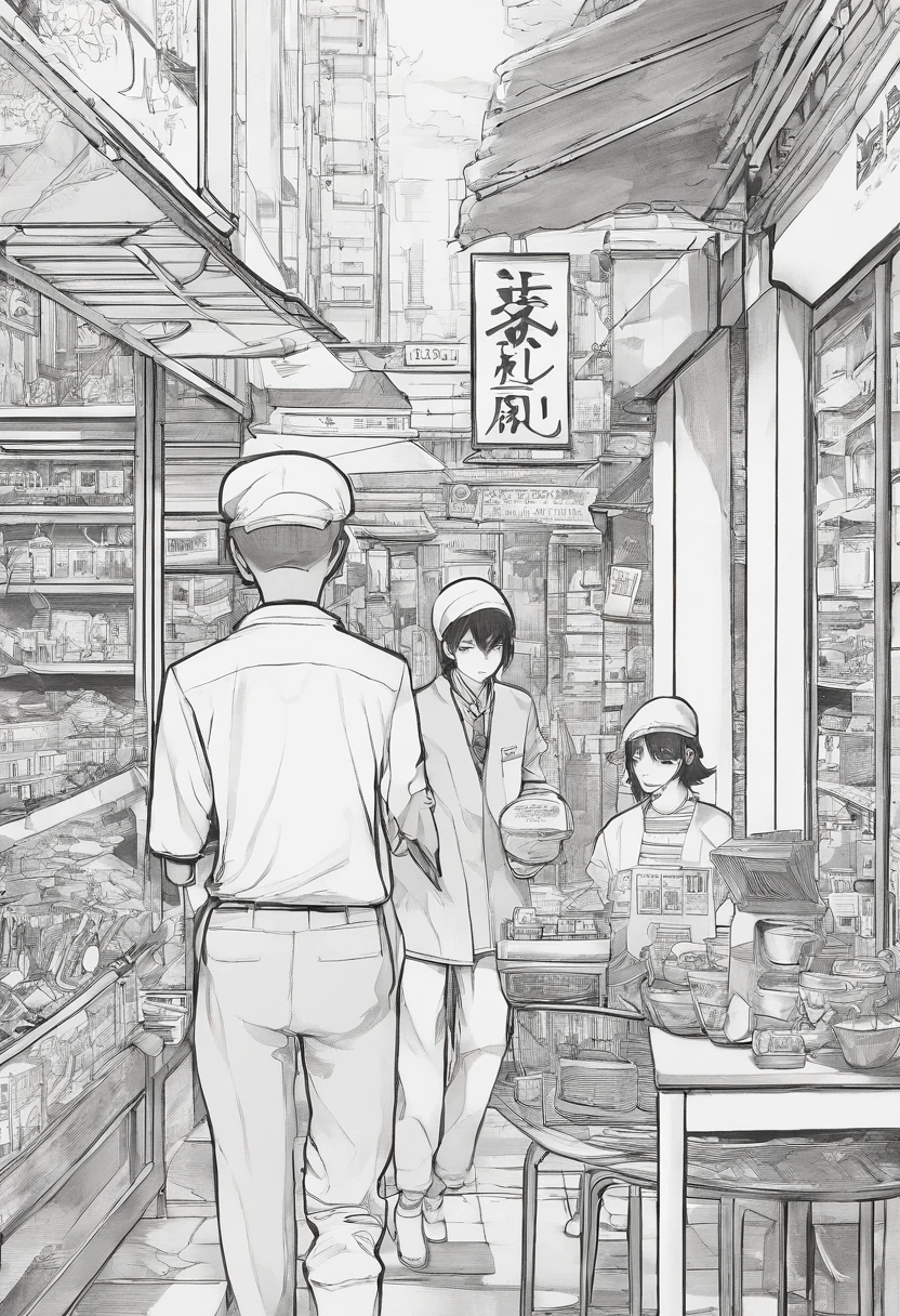 First page of a manga, Hooded boy talking to a coffee vendor, Bolhas de fala vazias, Anime style black and white manga, Boy with smile on face wearing cap, vendor in front of a diner delivering coffee, garoto e vendedor na rua vazia, bolhas de conversa, preto e branco, black and white manga