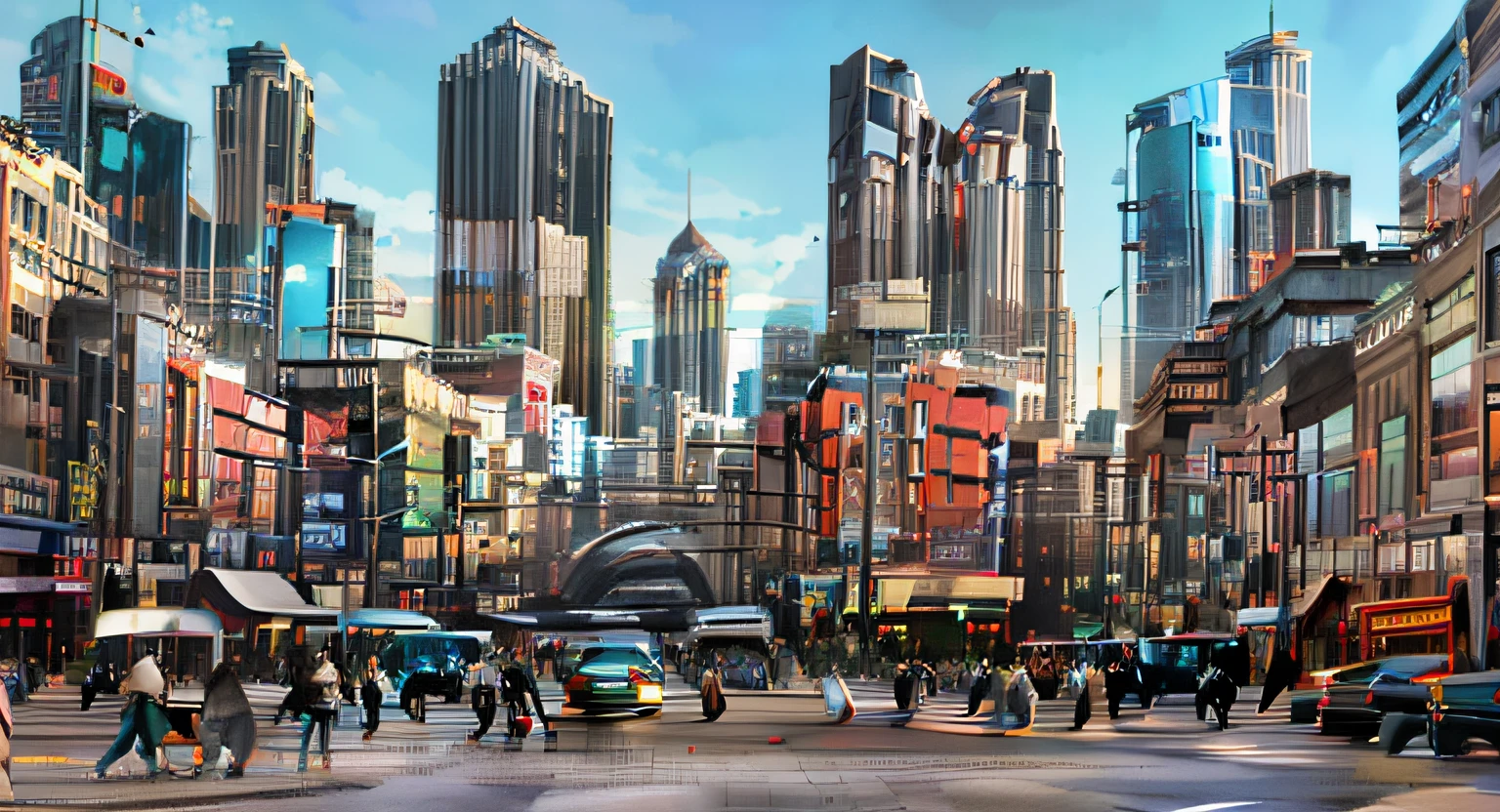 Pedestrians and cars on busy city streets with high-rise buildings, Realistic streetscapes, urban concept art, 3D Rendering and Matte Painting, photorealistic concept art, Stylized urban fantasy works, highly realistic concept art, hyper realistic cyberpunk city, futuristic city street, 3d rendered matte painting, beautiful digital artwork, photorrealistic concept art, Futuristic Dieselpunk Street