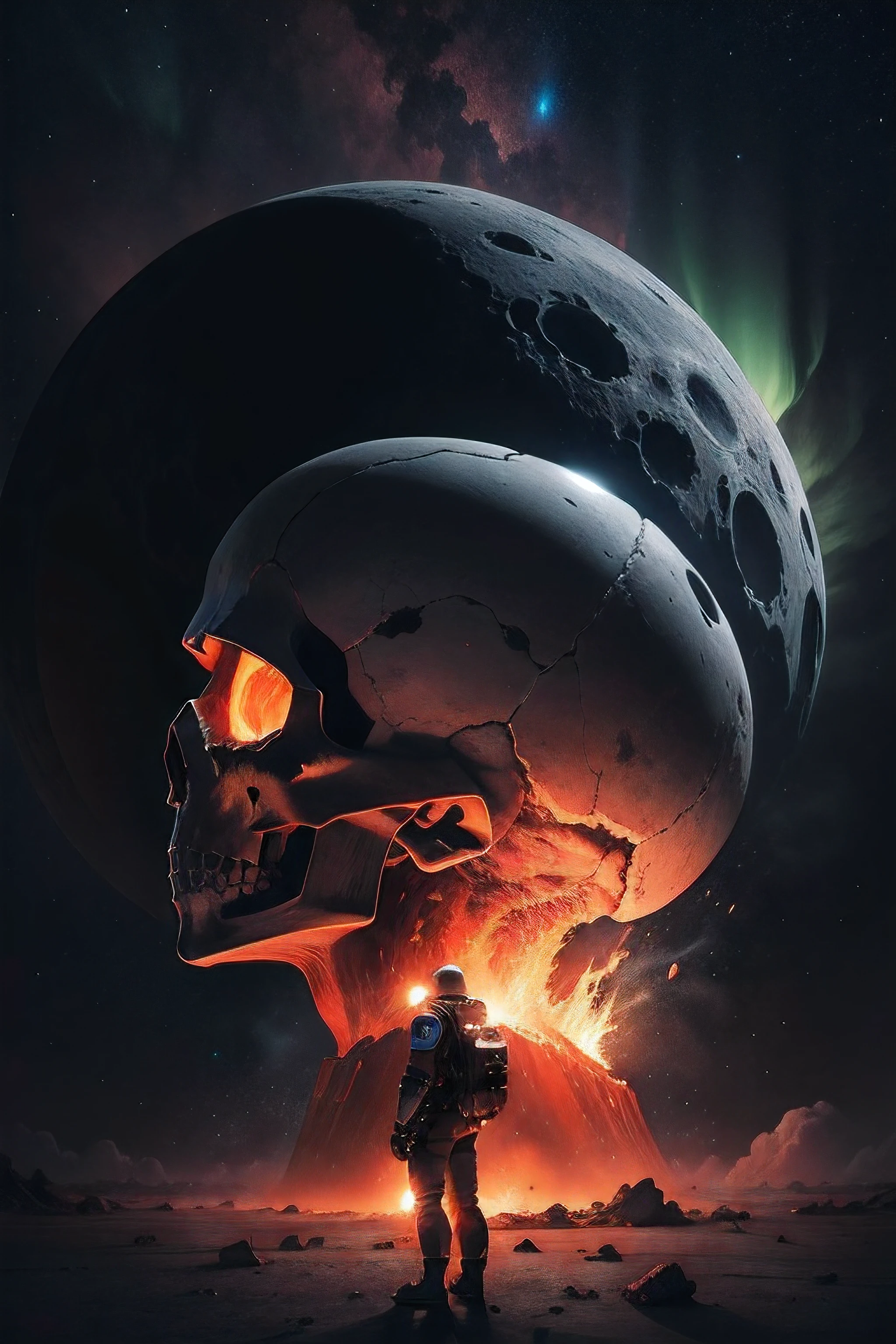 astronaut fire skull black, standing, in front of ateride impact, destroyed, explosion, bright light, abandoned, full 8k image, ultra realistic, very detailed, beautiful, perfect, background moon, northern lights background