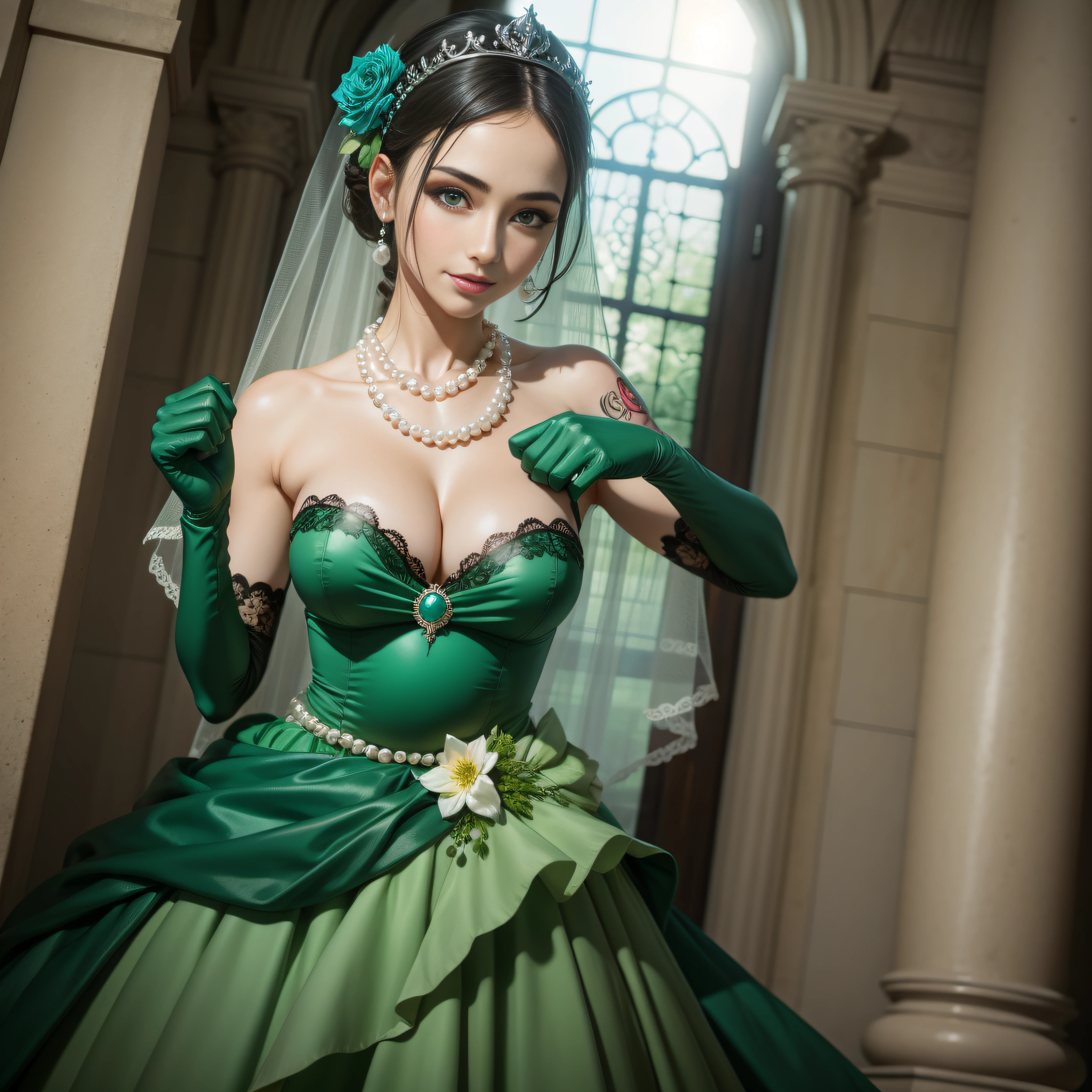 Green Dress Flower Cleanser，Sense of atmosphere, best qualtiy，tmasterpiece，1girll，30-years old，Green dress，Daytime Church，full body Esbian, Green gloves，With short black hair，big breasts beautiful，looking at viewert，ssmile，Green Bridal Veil，Green Long Grove，Satin green long gloves,　lipsticks, Pearl Necklace、Green gloves,emerald tiara, The tattoo, A Japanese Lady, Pregnancy, Look forward