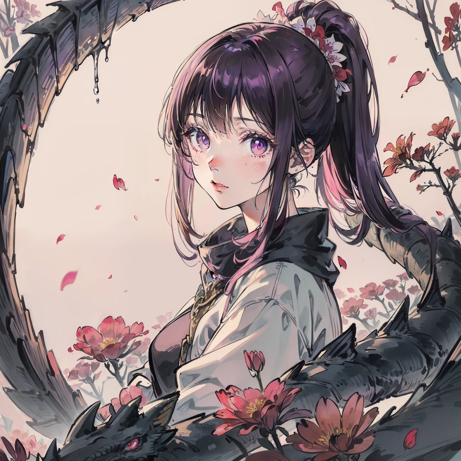 ((Masterpiece, Best Quality)), (Negative Space: 1.2), (1 Girl, Solo: 1.4), Petals, Pink Eyes, Dragon Girl, Long, Purple Hair, High Ponytail, Liquid Hair, Flowers, Dragon Background