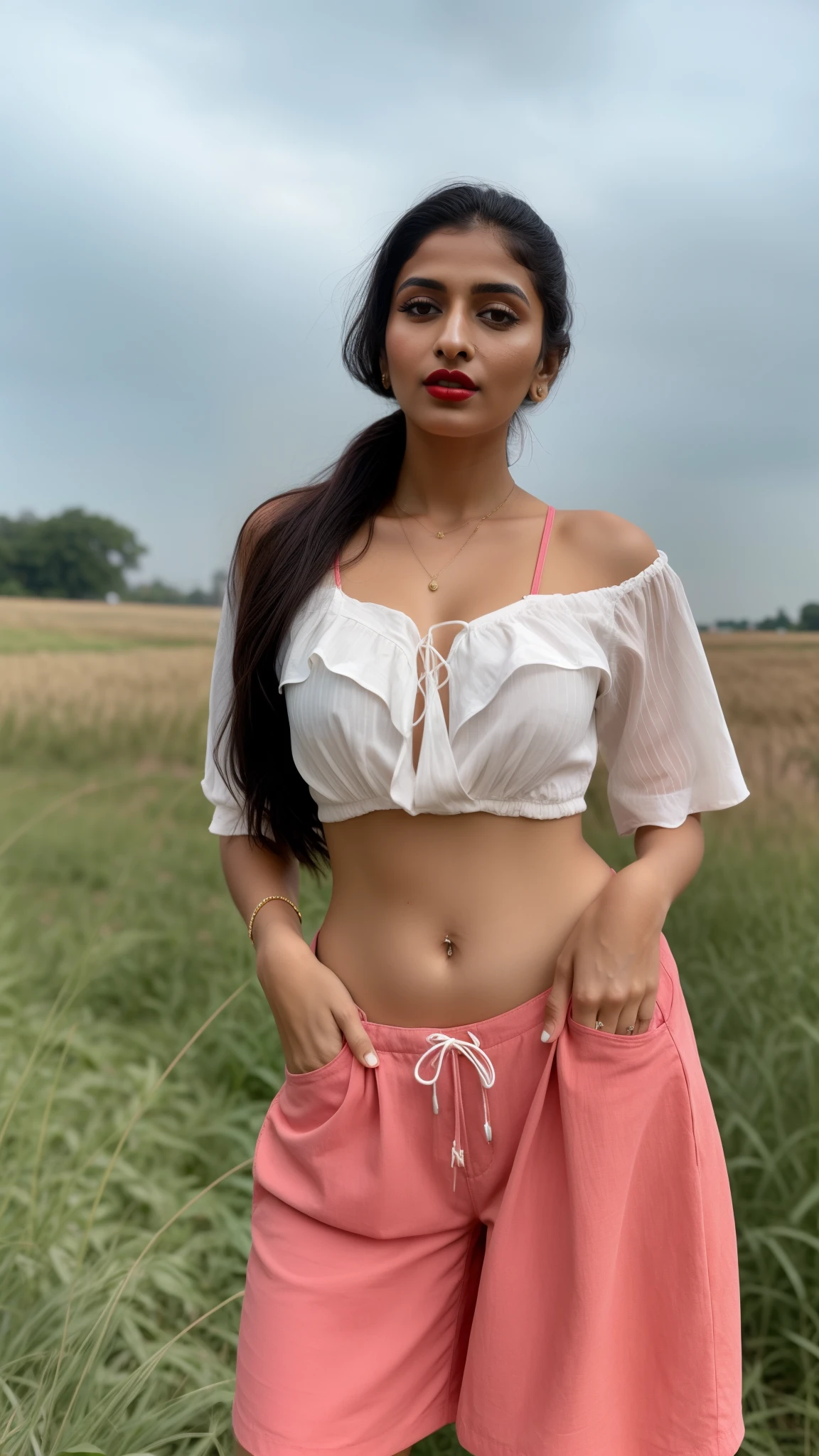 ((RAW, analog style)), face, extremely detailed full body color photo of a 25 y.o girl, beautiful face, beautiful eyes, ((small nose)), big natural lips, ((fabric frock yellow)), small breasts, hourglass shape body, outdoor street delhi ((film grain, skin details, high detailed skin texture, 8k hdr, dslr)), indian female model silpa Shetty, dark red lips, dark pink natural lips, black color shorts, healthy body