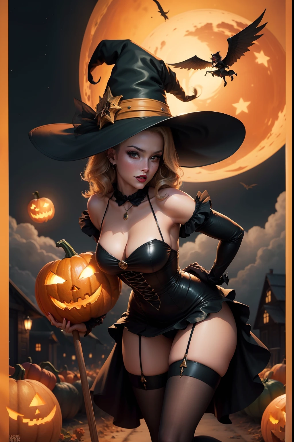 Sexy witch, pin-up style, at night, flying on a broom, flying over a pumpkin field, low camera angle.
