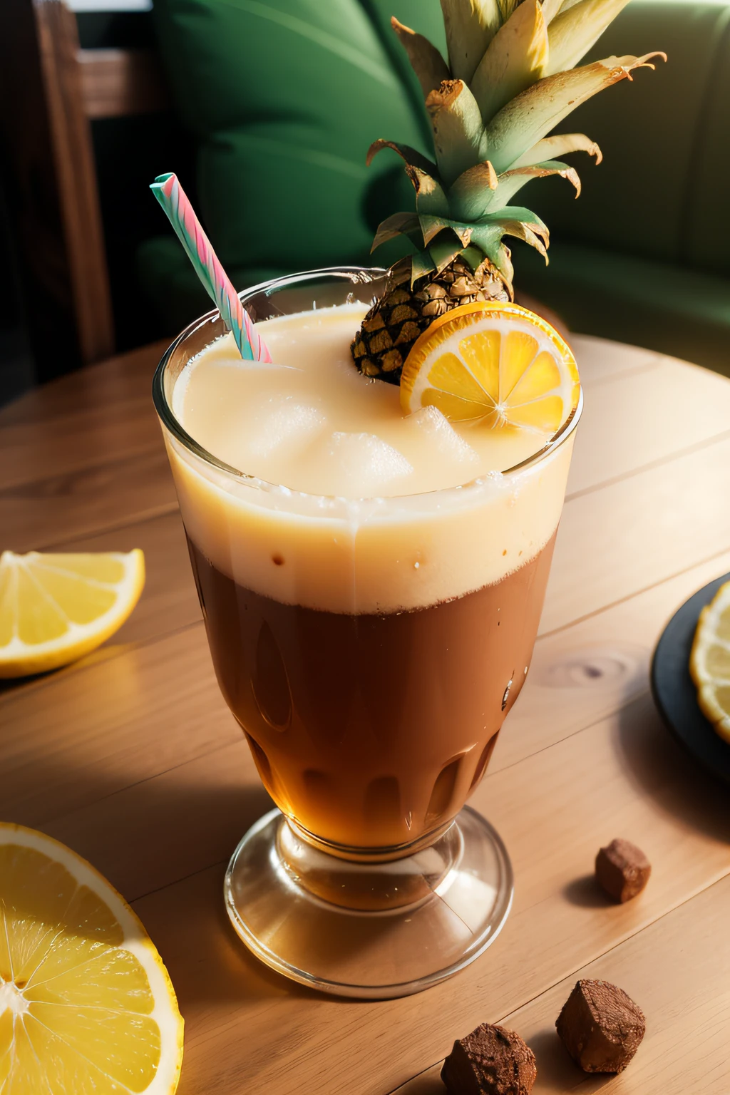 um coco cortado ao meio. Its interior is filled with whiskey with ice stones, a pineapple slice and a yellow plastic straw. The outer shell of the coconut is green.