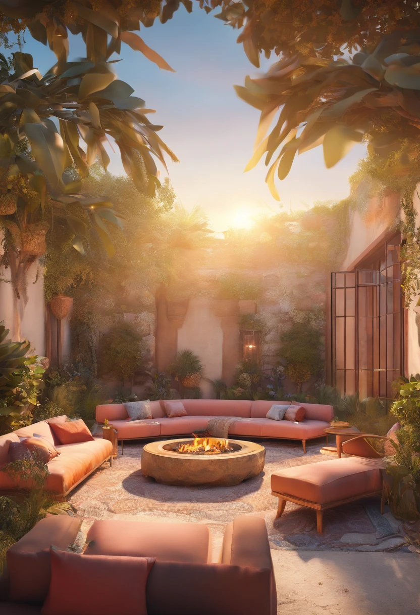 (best quality, highres, HDR:1.2),moroccan styled backyard,conversation pit,fire,plenty of seating,wood,ultra-detailed,realistic,portraits,vivid colors,studio lighting,warm color palette,soft golden sunlight