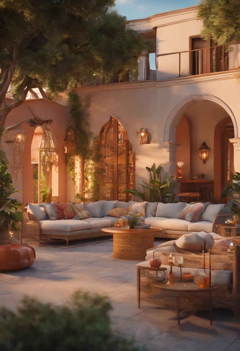 (best quality, highres, HDR:1.2),moroccan styled backyard,conversation pit,fire,plenty of seating,wood,ultra-detailed,realistic,portraits,vivid colors,studio lighting,warm color palette,soft golden sunlight